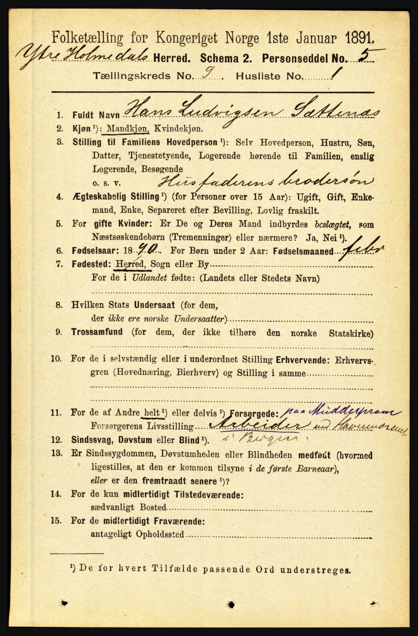 RA, 1891 census for 1429 Ytre Holmedal, 1891, p. 2045