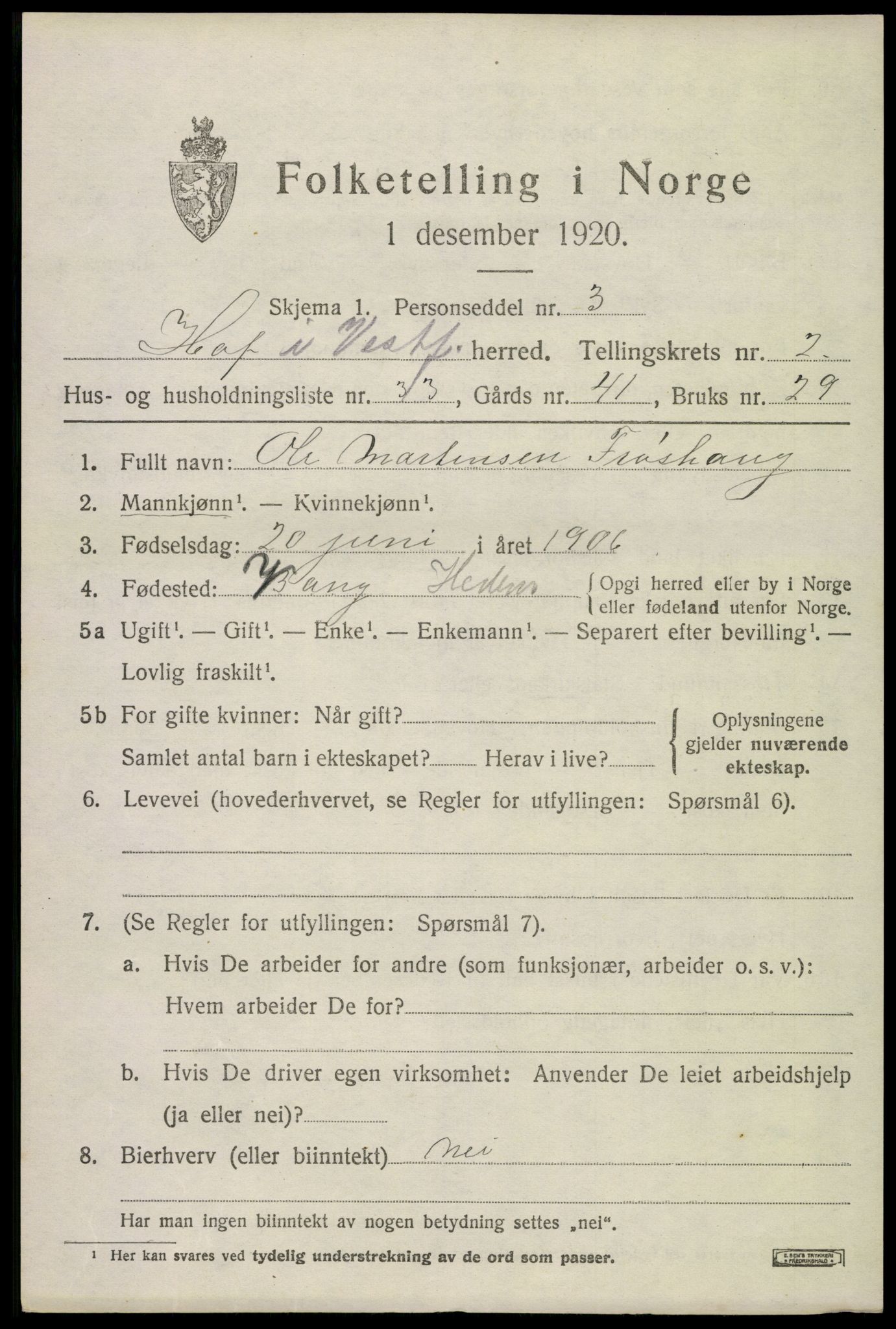 SAKO, 1920 census for Hof, 1920, p. 2737