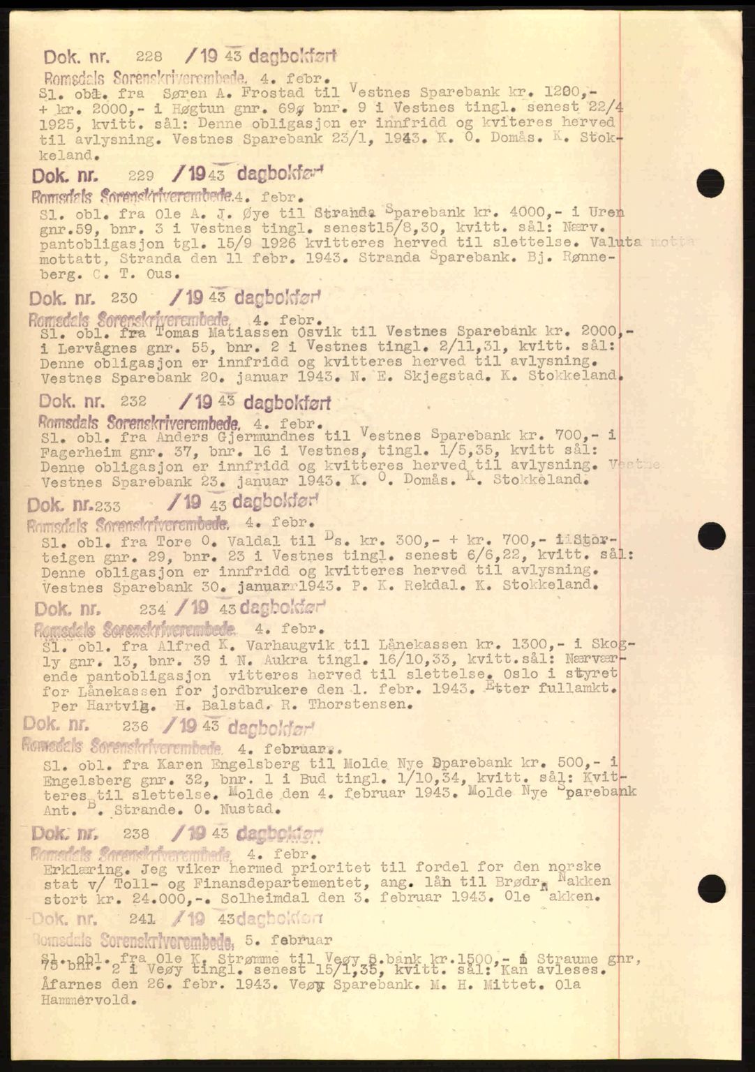 Romsdal sorenskriveri, AV/SAT-A-4149/1/2/2C: Mortgage book no. C1a, 1936-1945, Diary no: : 226/1943