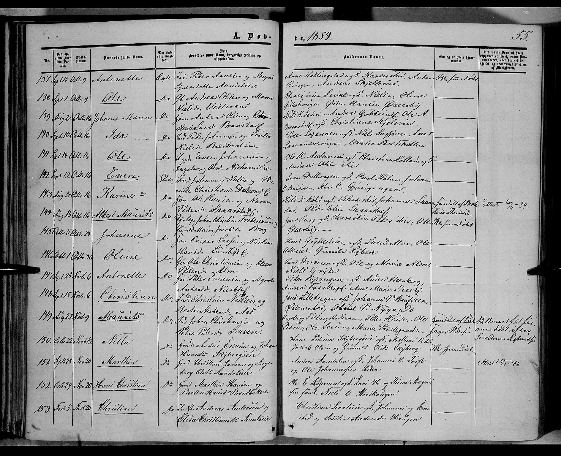 Vardal prestekontor, AV/SAH-PREST-100/H/Ha/Haa/L0006: Parish register (official) no. 6, 1854-1866, p. 55