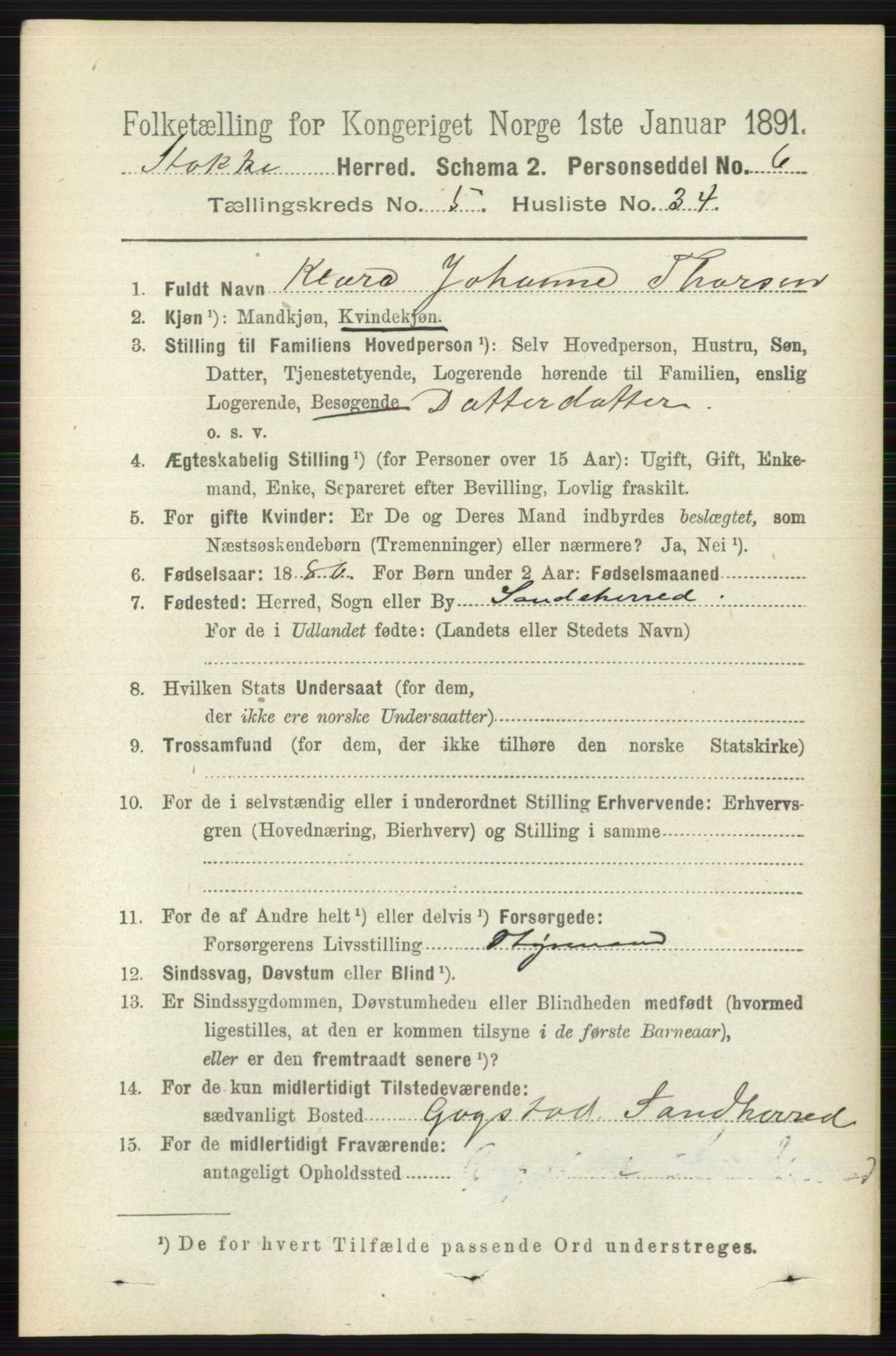 RA, 1891 census for 0720 Stokke, 1891, p. 3274