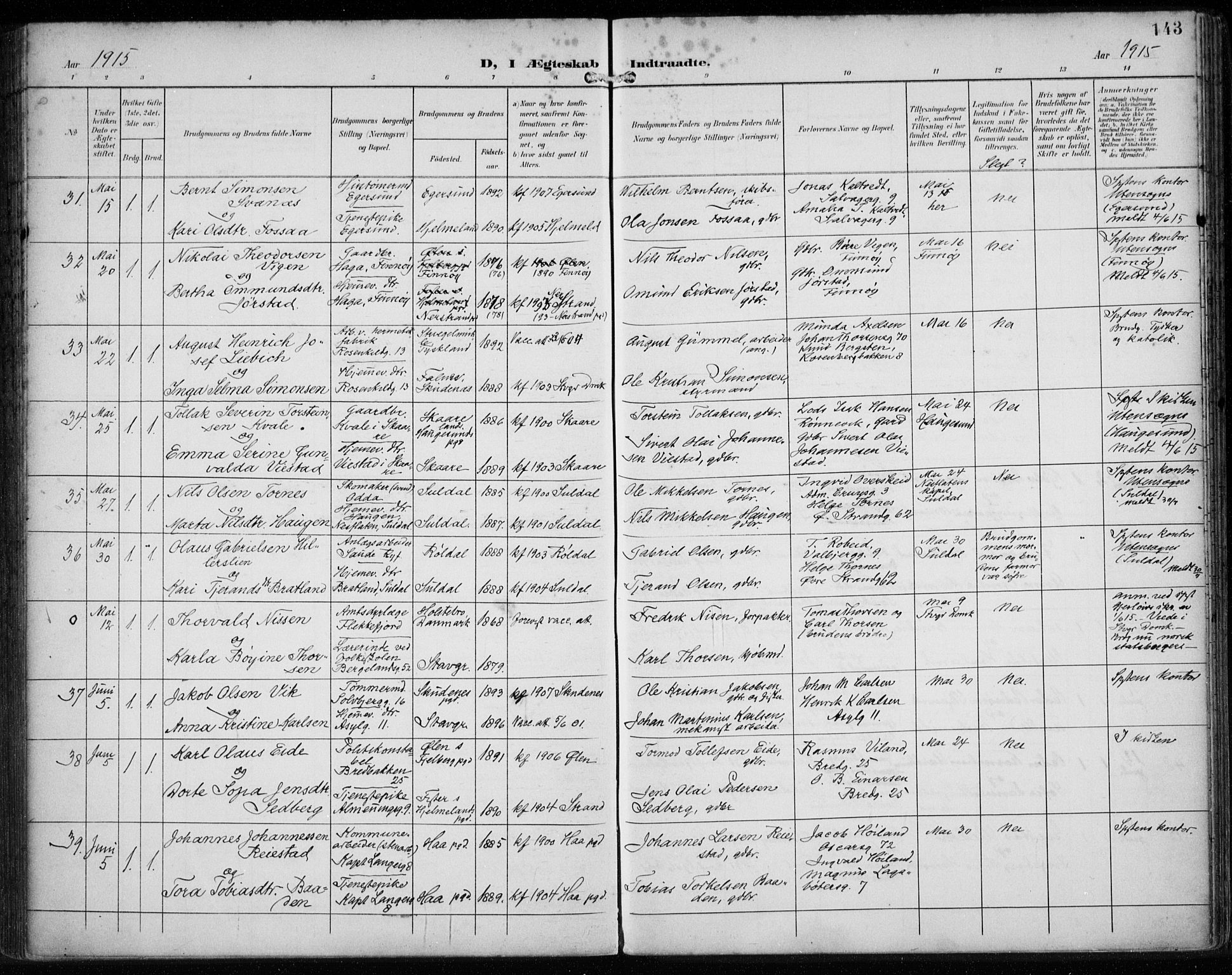 St. Petri sokneprestkontor, AV/SAST-A-101813/002/A/L0003: Parish register (official) no. A 24, 1900-1921, p. 143