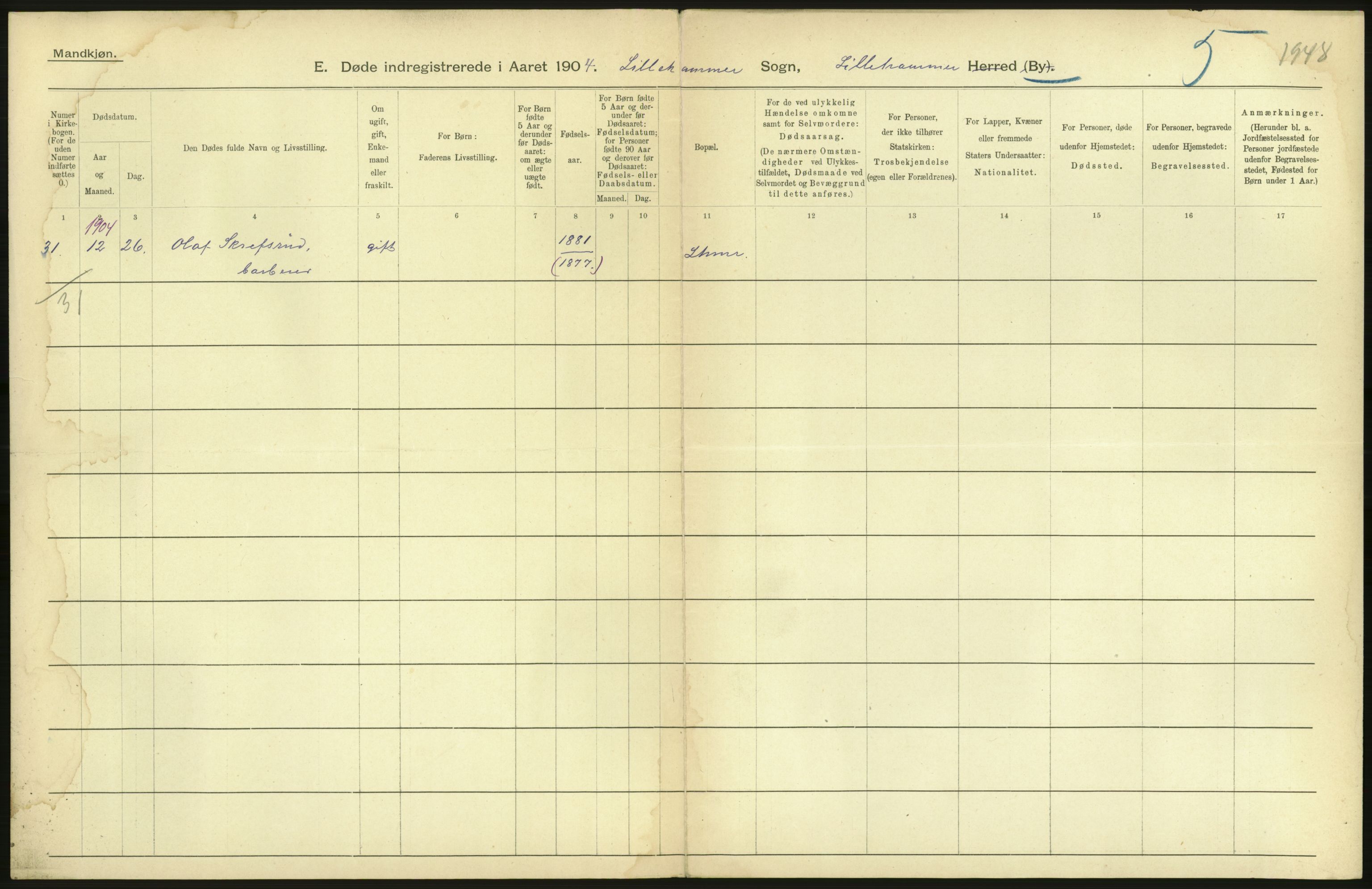 Statistisk sentralbyrå, Sosiodemografiske emner, Befolkning, AV/RA-S-2228/D/Df/Dfa/Dfab/L0006: Kristians amt: Fødte, gifte, døde, 1904, p. 890