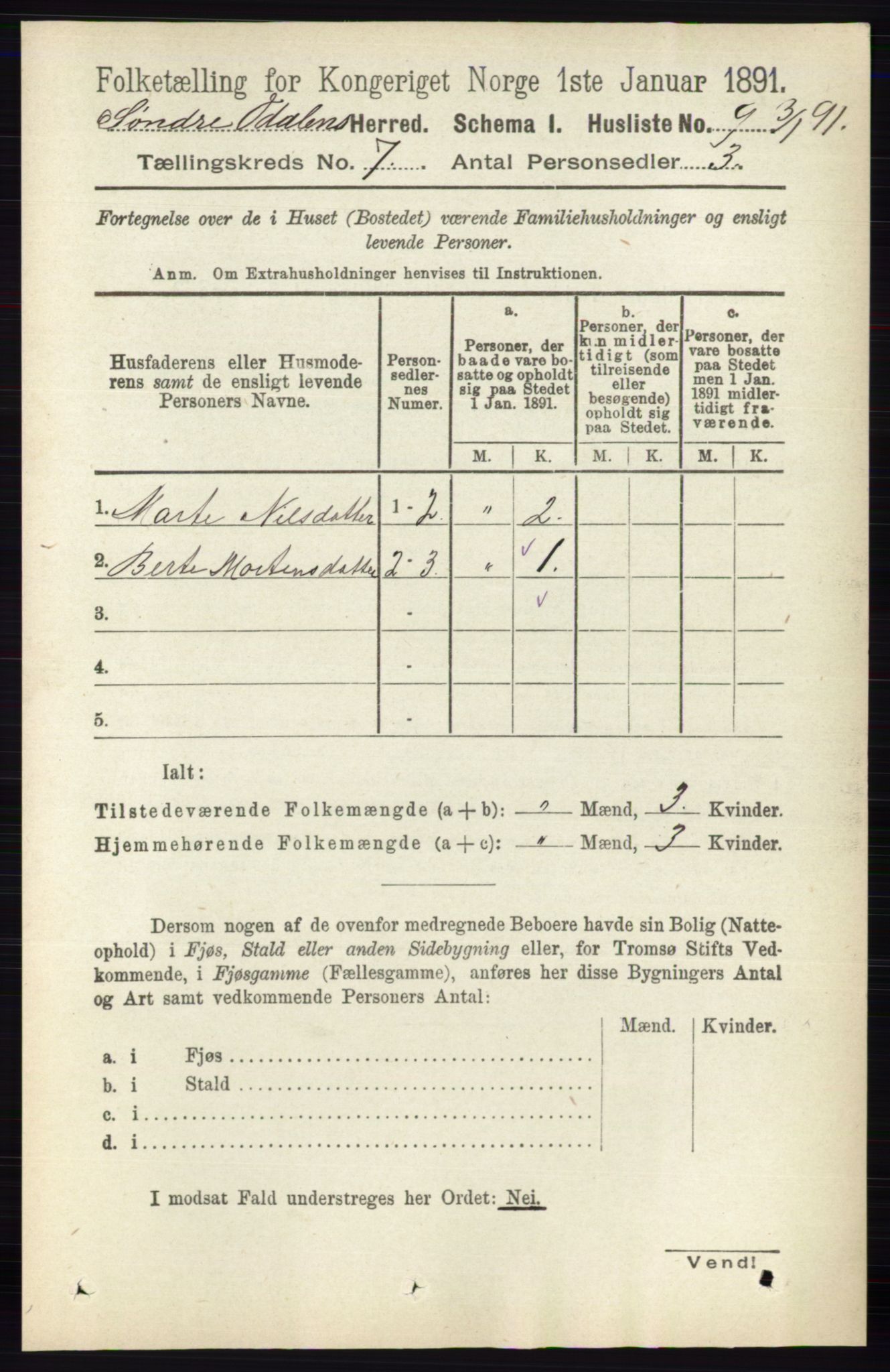 RA, 1891 census for 0419 Sør-Odal, 1891, p. 3500