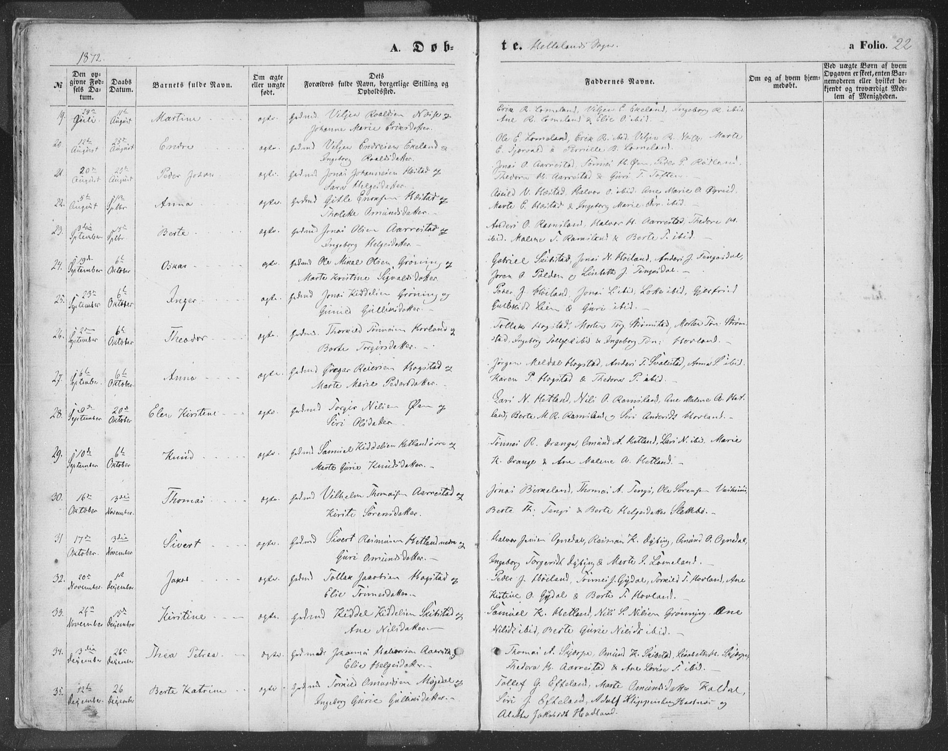 Helleland sokneprestkontor, AV/SAST-A-101810: Parish register (official) no. A 7.1, 1863-1886, p. 22