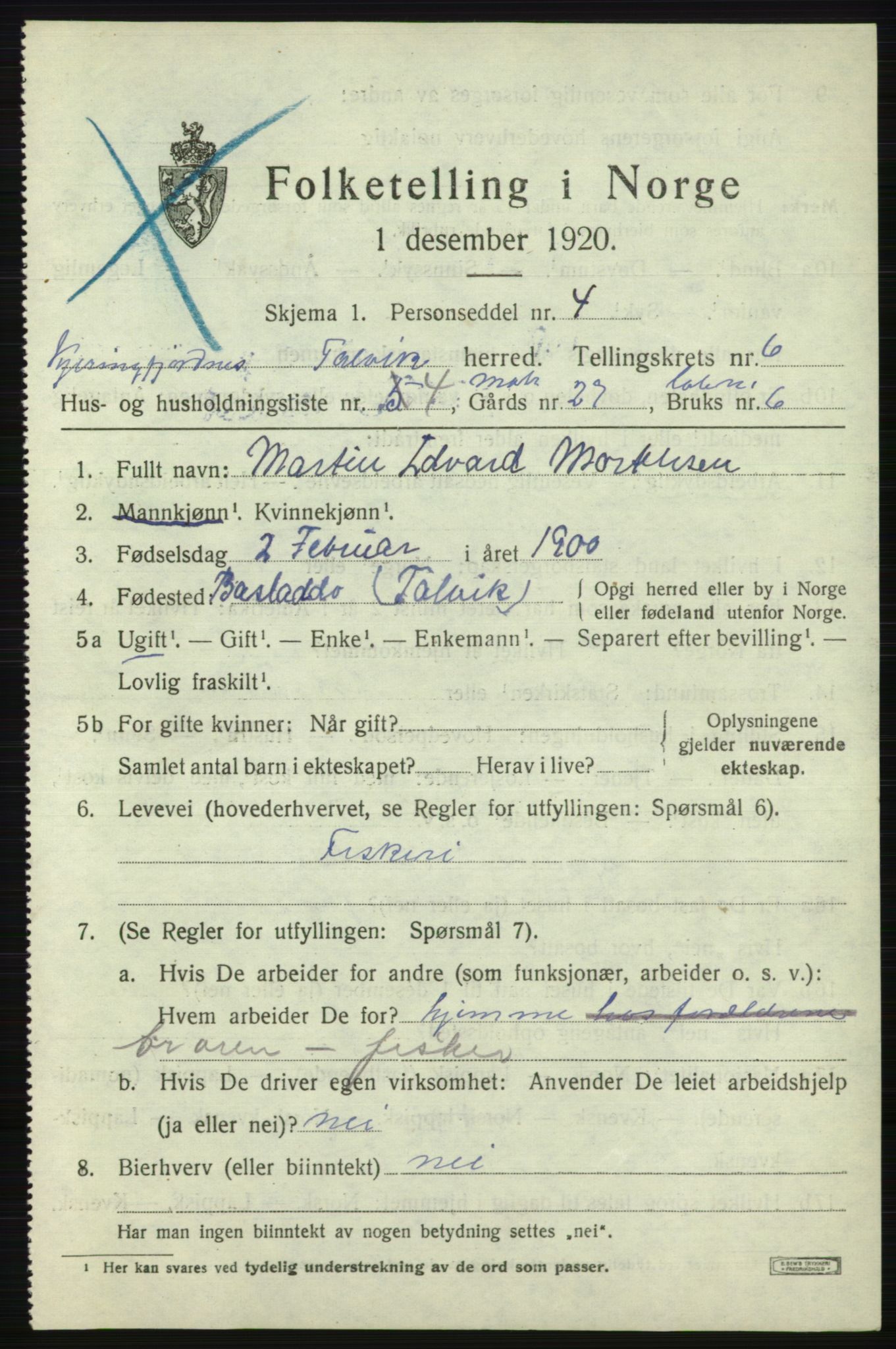 SATØ, 1920 census for Talvik, 1920, p. 3666