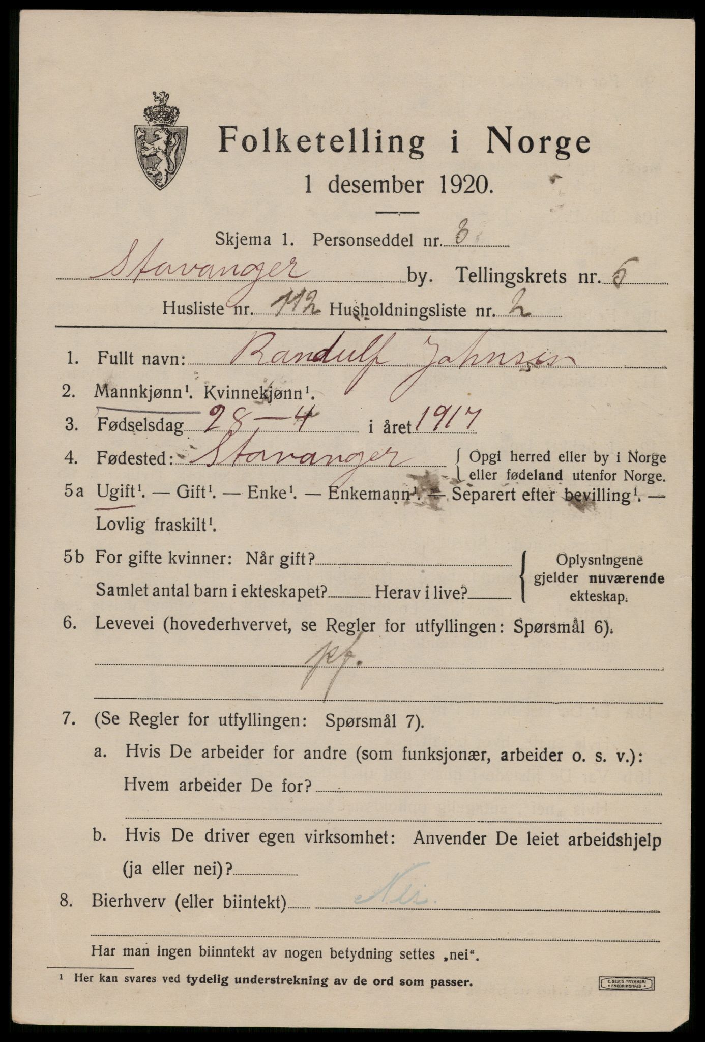 SAST, 1920 census for Stavanger, 1920, p. 42182