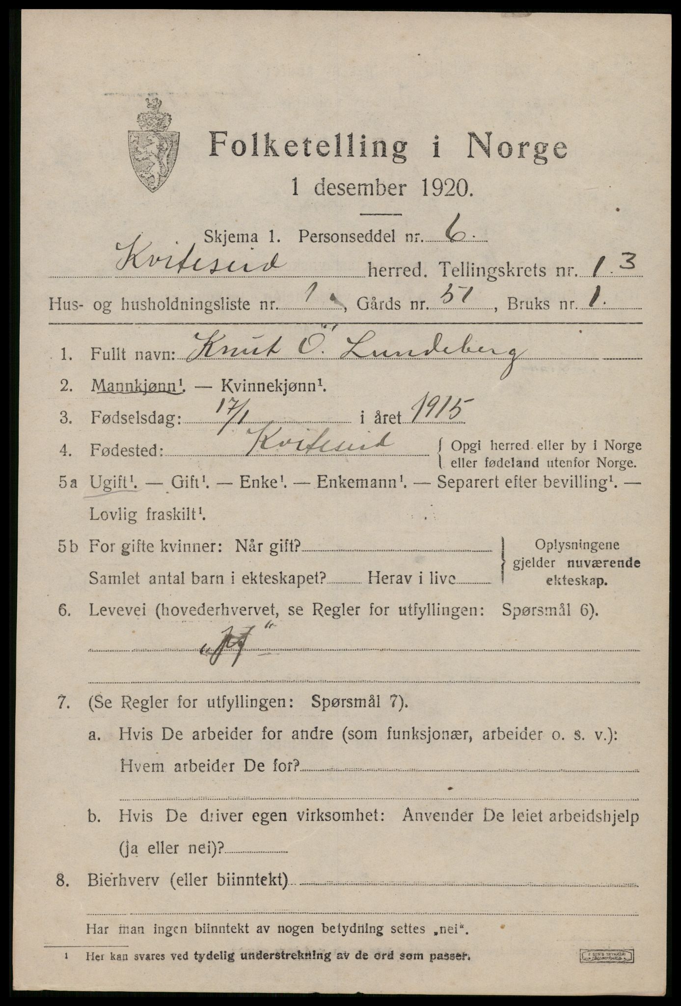 SAKO, 1920 census for Kviteseid, 1920, p. 6213