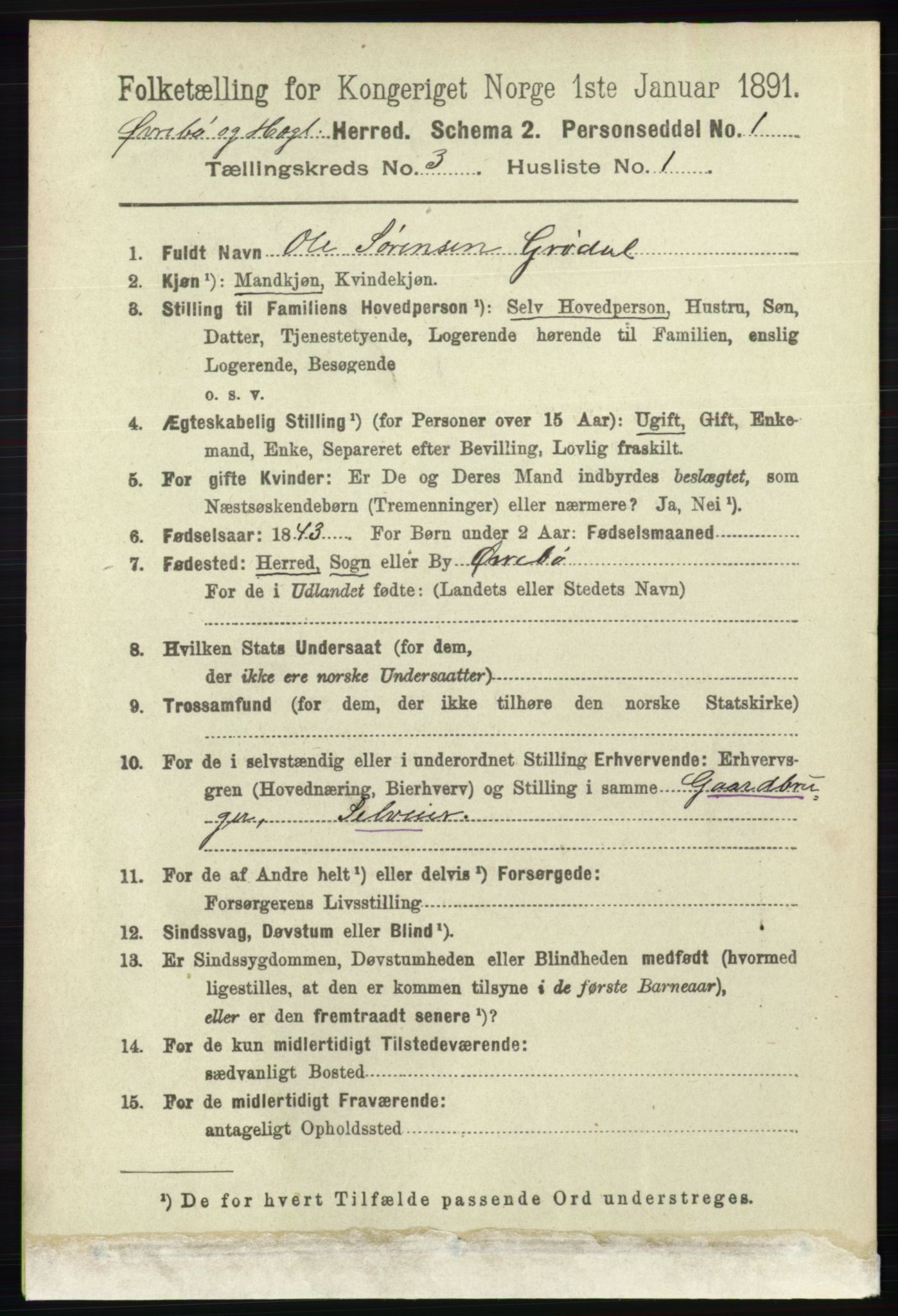 RA, 1891 census for 1016 Øvrebø og Hægeland, 1891, p. 524