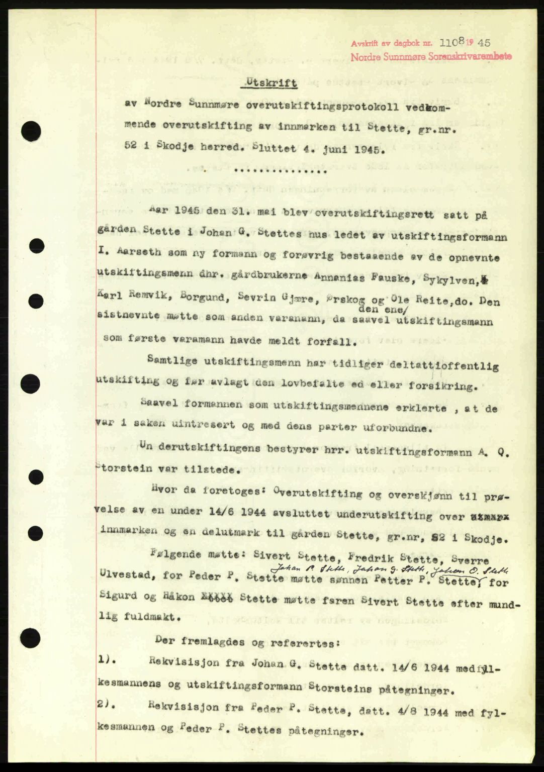 Nordre Sunnmøre sorenskriveri, AV/SAT-A-0006/1/2/2C/2Ca: Mortgage book no. A20a, 1945-1945, Diary no: : 1108/1945