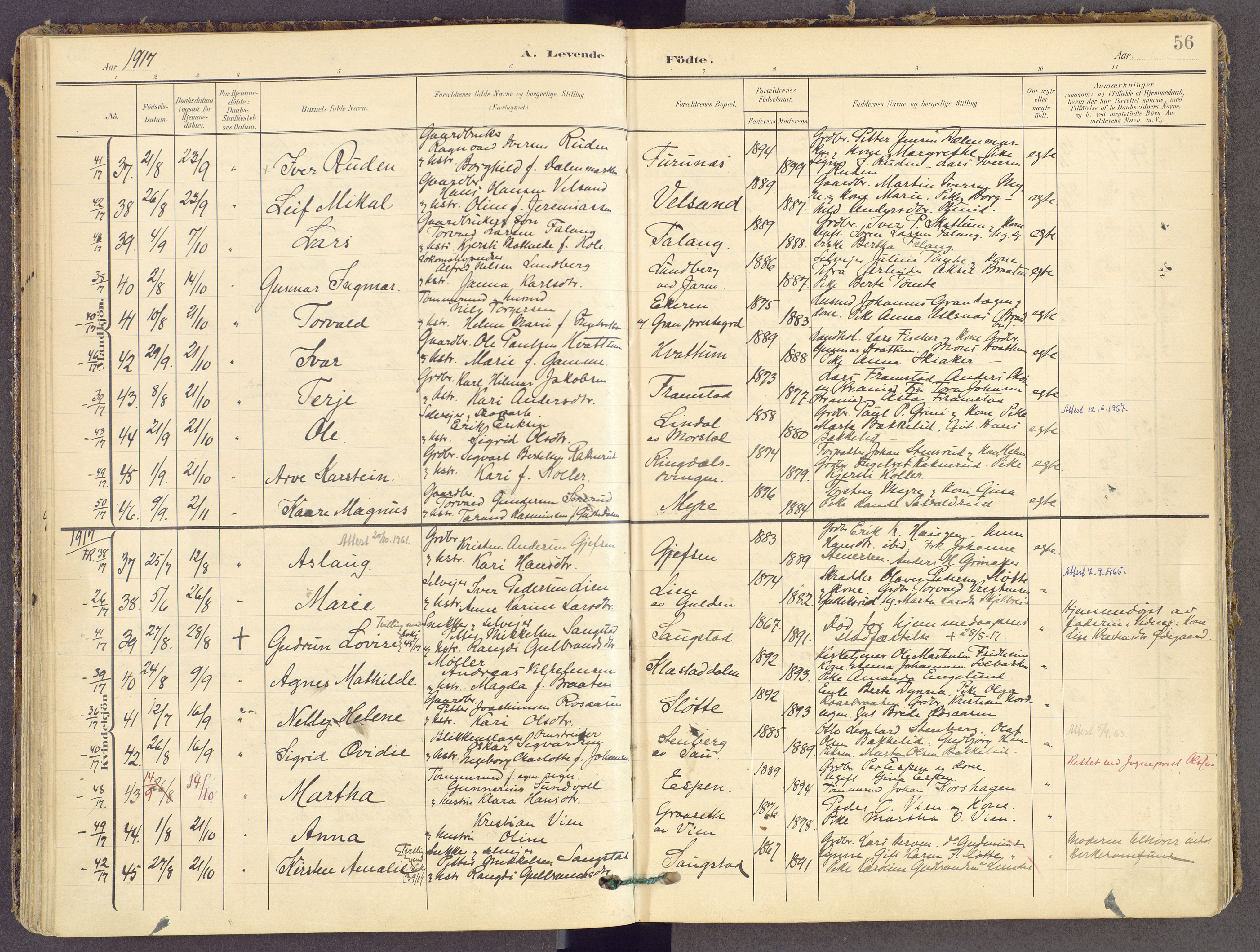 Gran prestekontor, AV/SAH-PREST-112/H/Ha/Haa/L0021: Parish register (official) no. 21, 1908-1932, p. 56