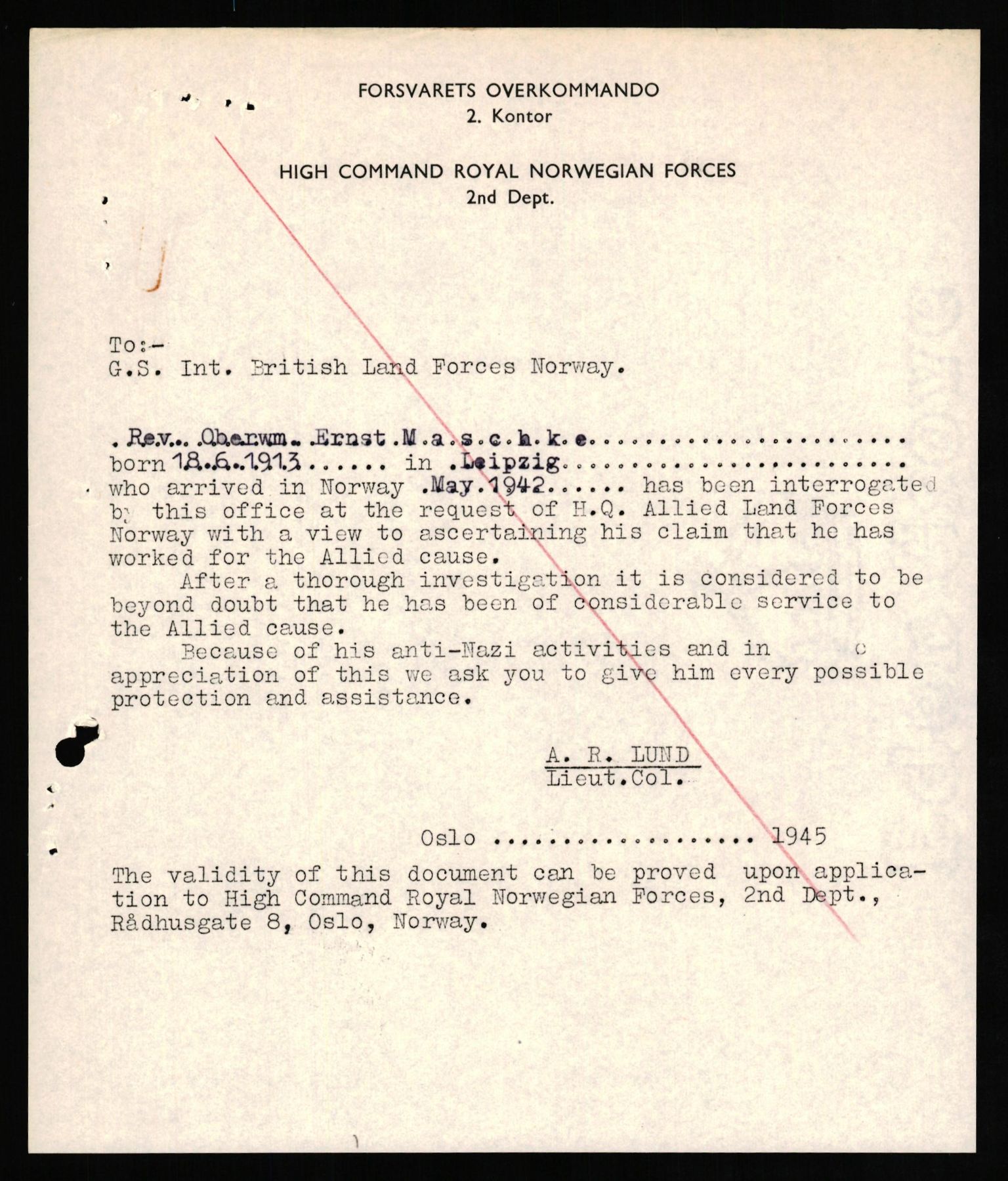 Forsvaret, Forsvarets overkommando II, AV/RA-RAFA-3915/D/Db/L0021: CI Questionaires. Tyske okkupasjonsstyrker i Norge. Tyskere., 1945-1946, p. 196