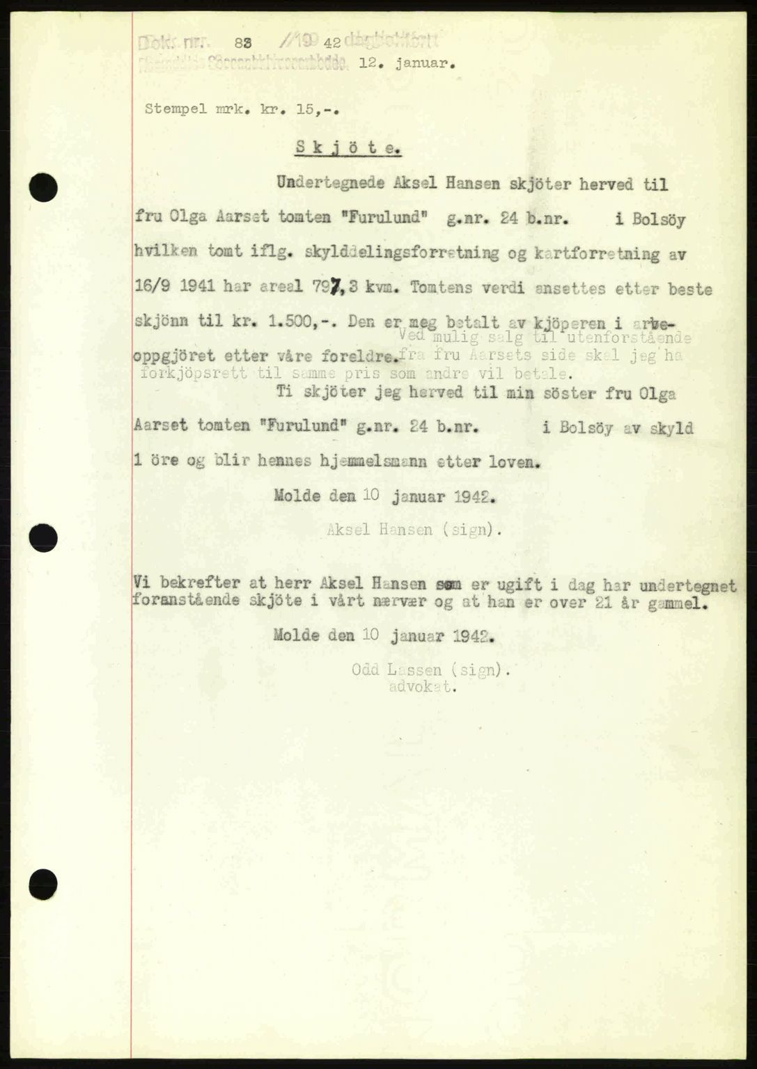 Romsdal sorenskriveri, AV/SAT-A-4149/1/2/2C: Mortgage book no. A11, 1941-1942, Diary no: : 83/1942