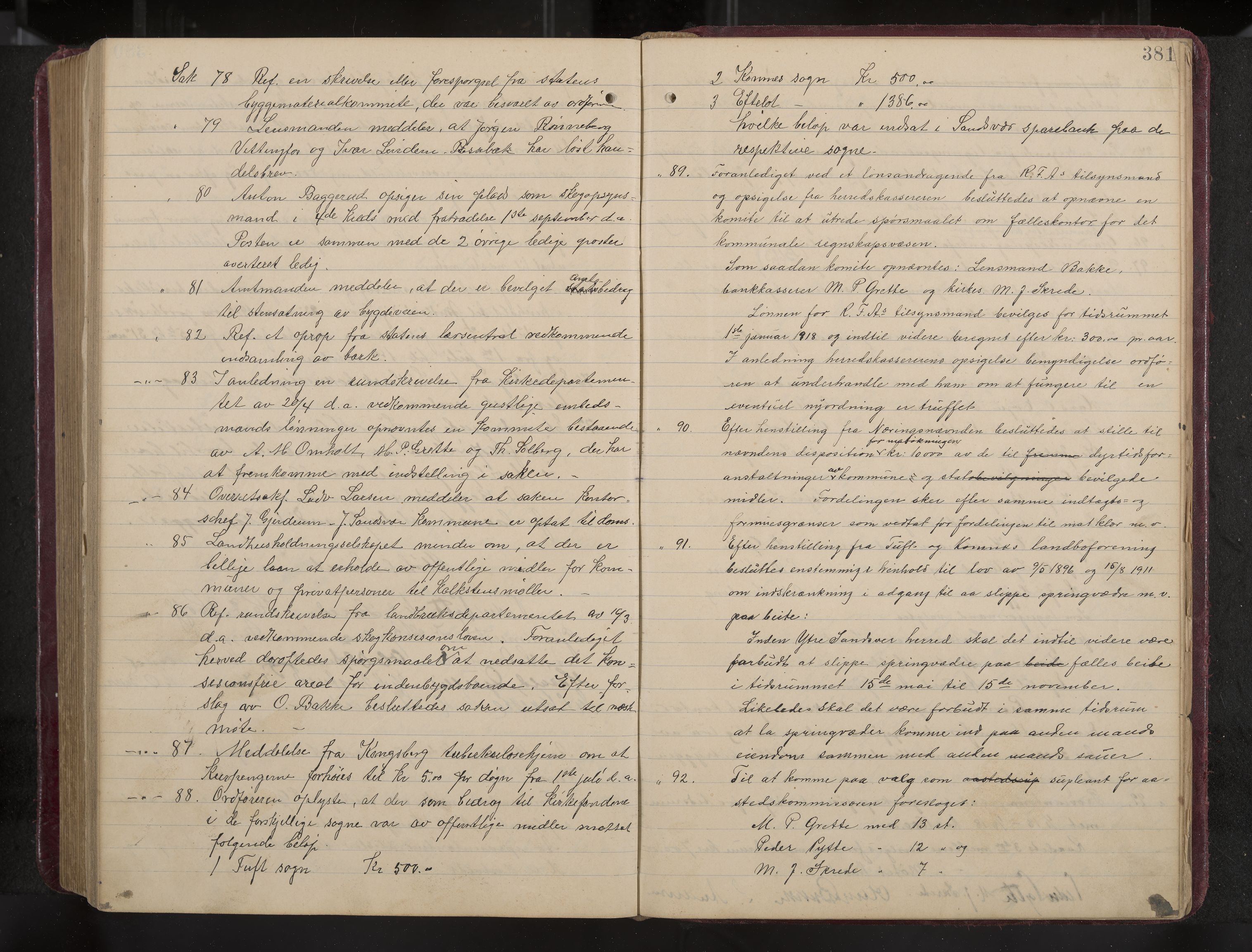 Ytre Sandsvær formannskap og sentraladministrasjon, IKAK/0629021/A/Aa/L0001: Møtebok med register, 1902-1919, p. 381
