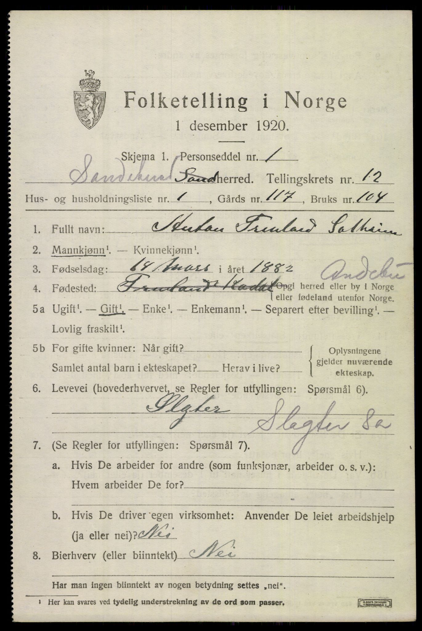 SAKO, 1920 census for Sandeherred, 1920, p. 18088