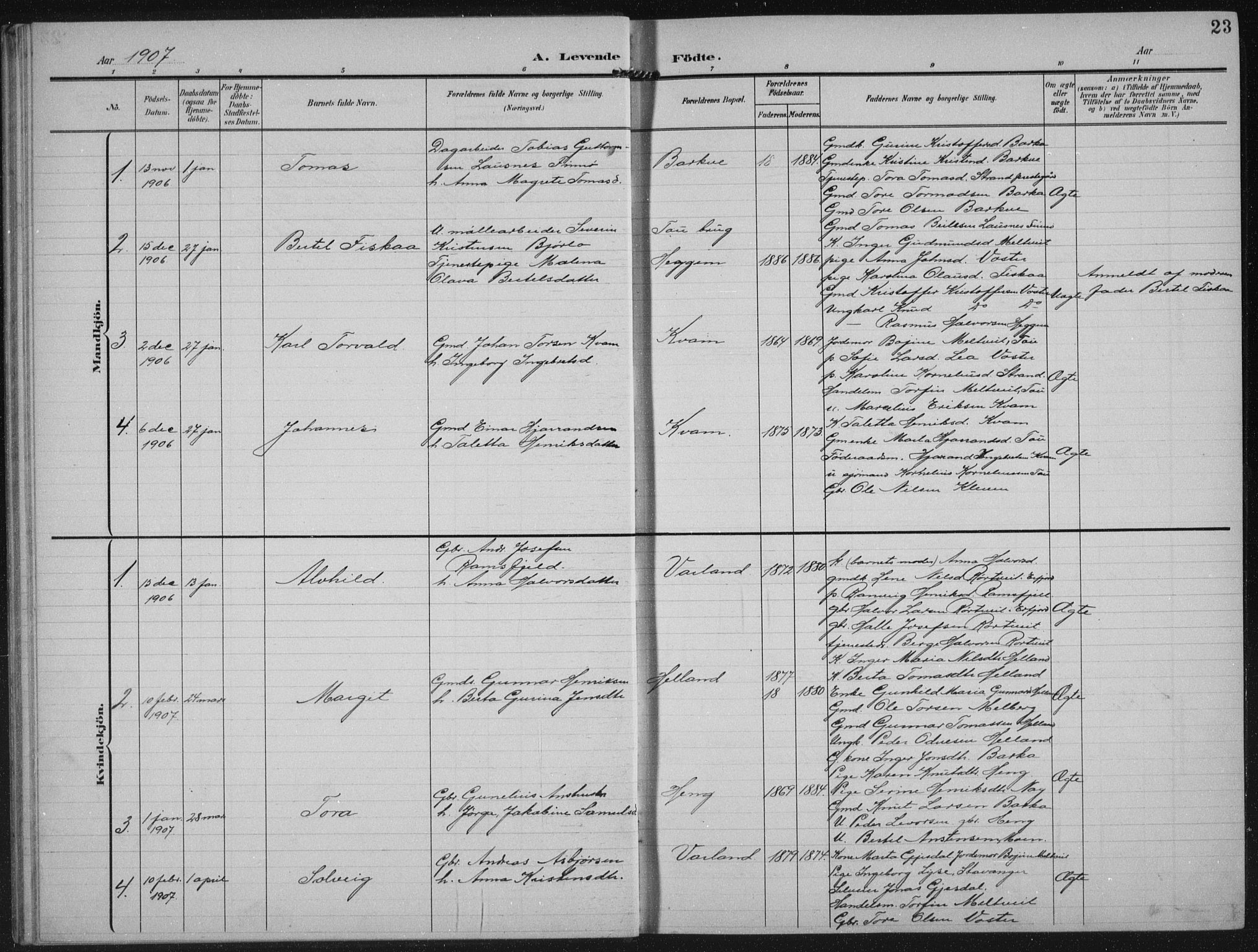 Strand sokneprestkontor, SAST/A-101828/H/Ha/Hab/L0005: Parish register (copy) no. B 5, 1904-1934, p. 23