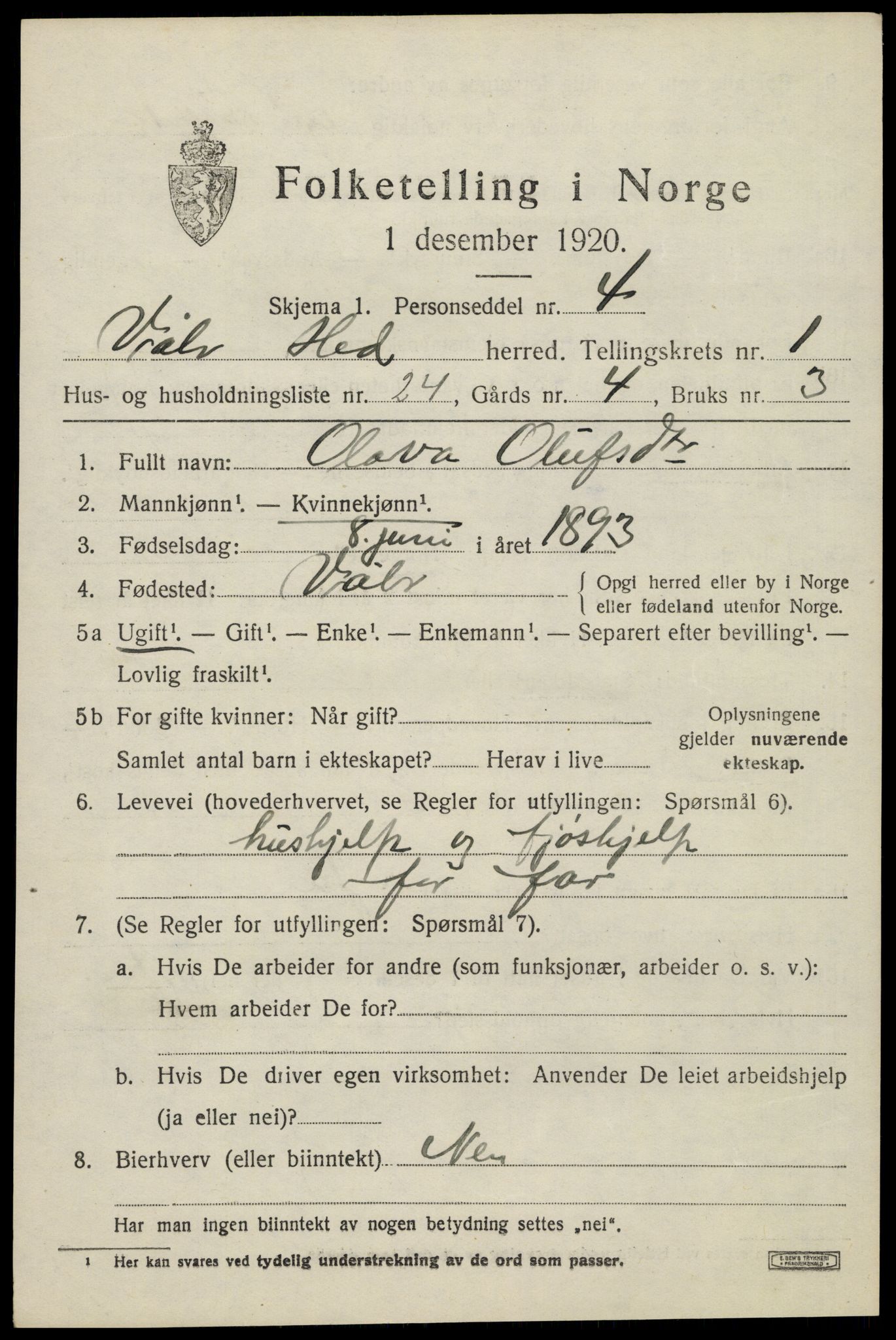 SAH, 1920 census for Våler (Hedmark), 1920, p. 1863