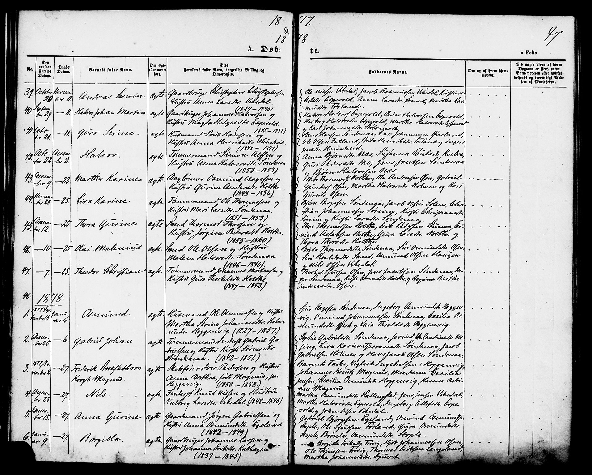 Vikedal sokneprestkontor, SAST/A-101840/01/IV: Parish register (official) no. A 7, 1868-1883, p. 47