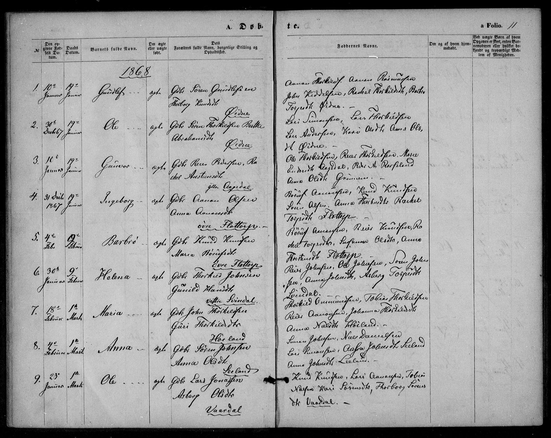 Bjelland sokneprestkontor, SAK/1111-0005/F/Fa/Fac/L0002: Parish register (official) no. A 2, 1866-1887, p. 11