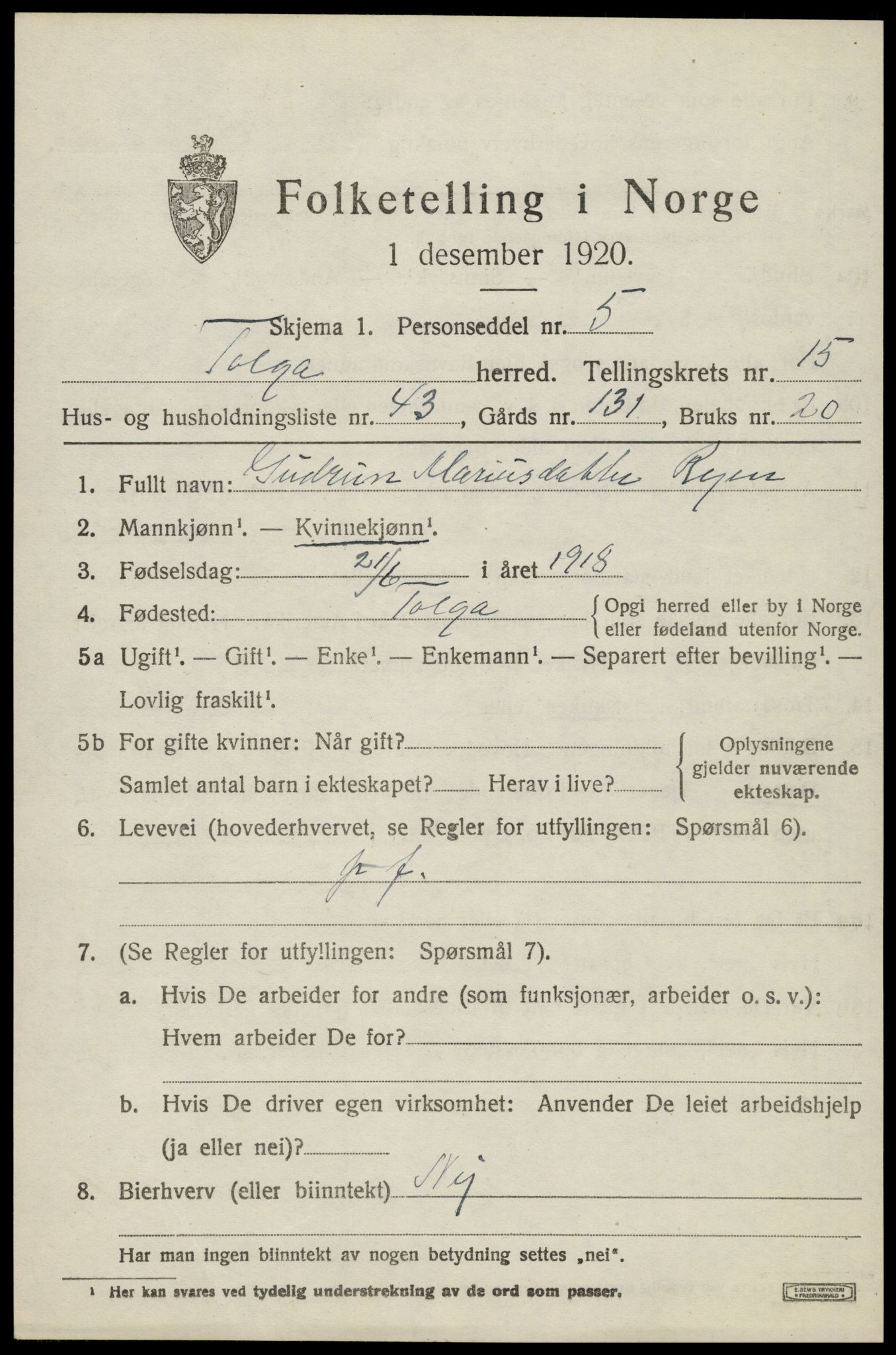 SAH, 1920 census for Tolga, 1920, p. 7375