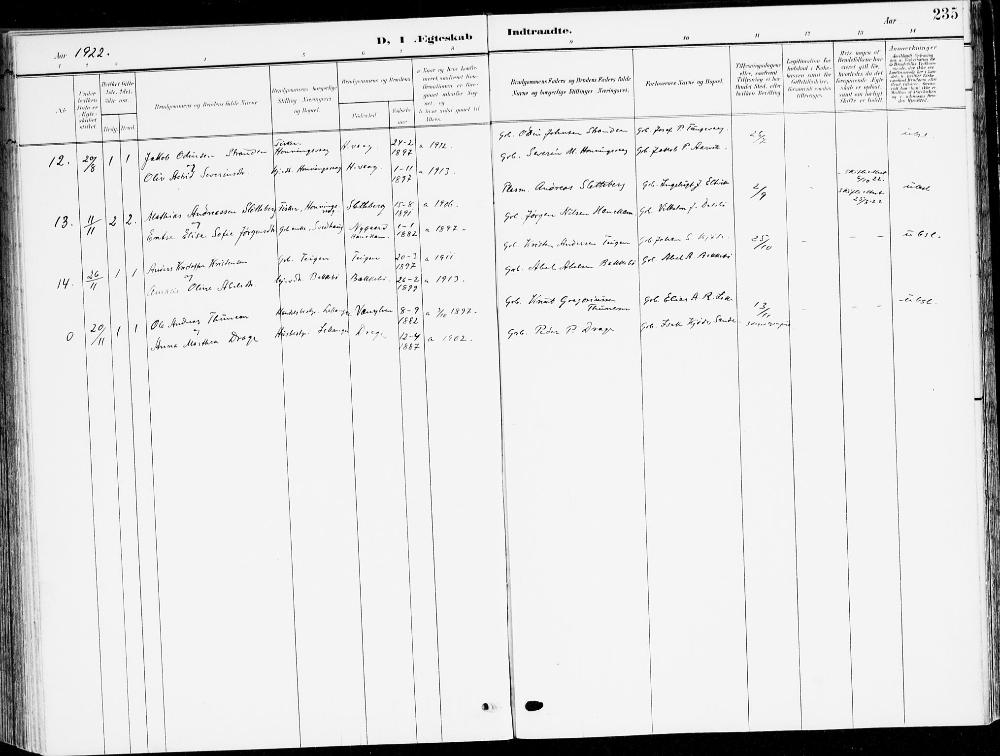 Selje sokneprestembete, AV/SAB-A-99938/H/Ha/Haa/Haab: Parish register (official) no. B 3, 1908-1923, p. 235