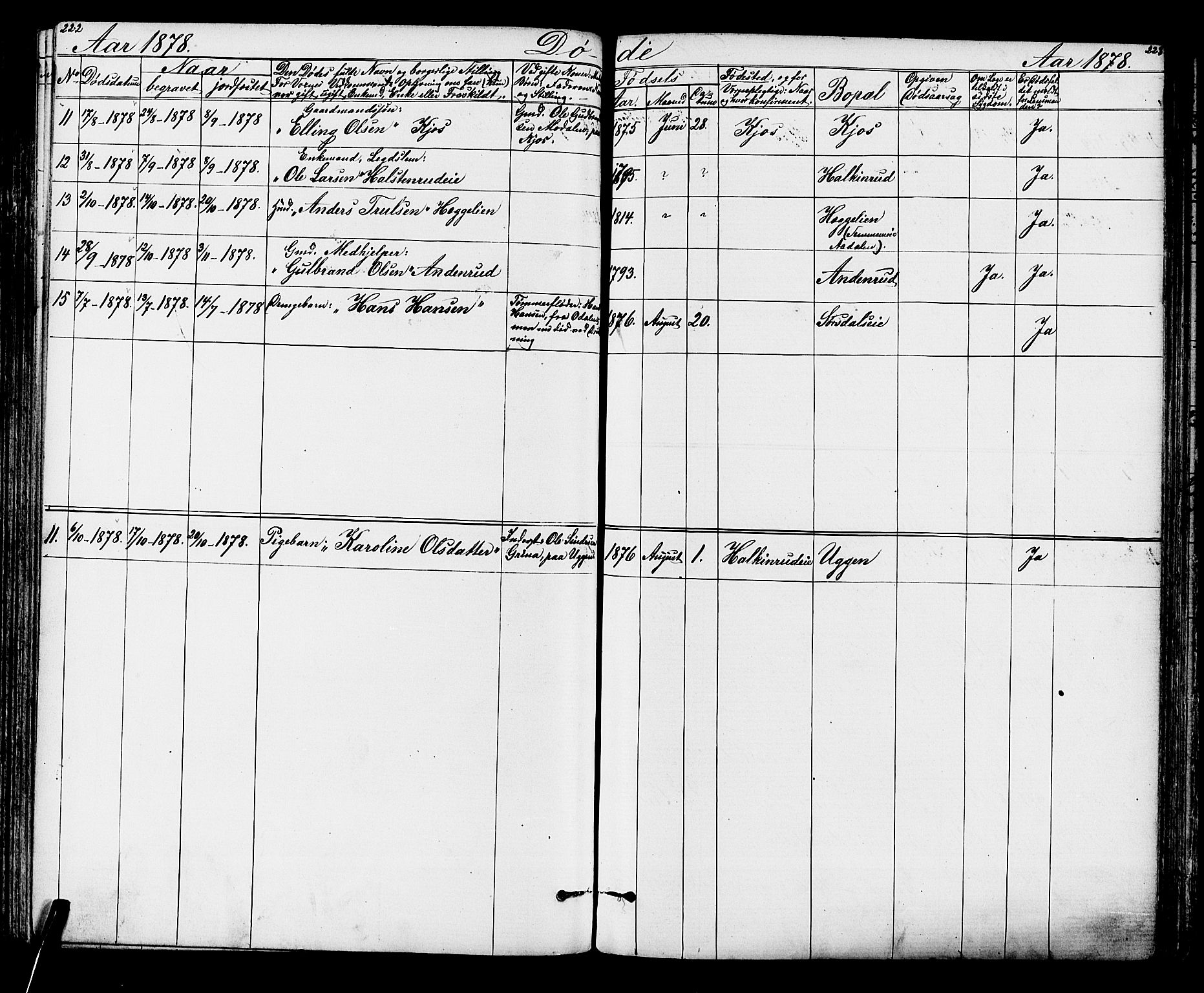 Lunder kirkebøker, AV/SAKO-A-629/G/Ga/L0003a: Parish register (copy) no. I 3, 1869-1888, p. 222-223