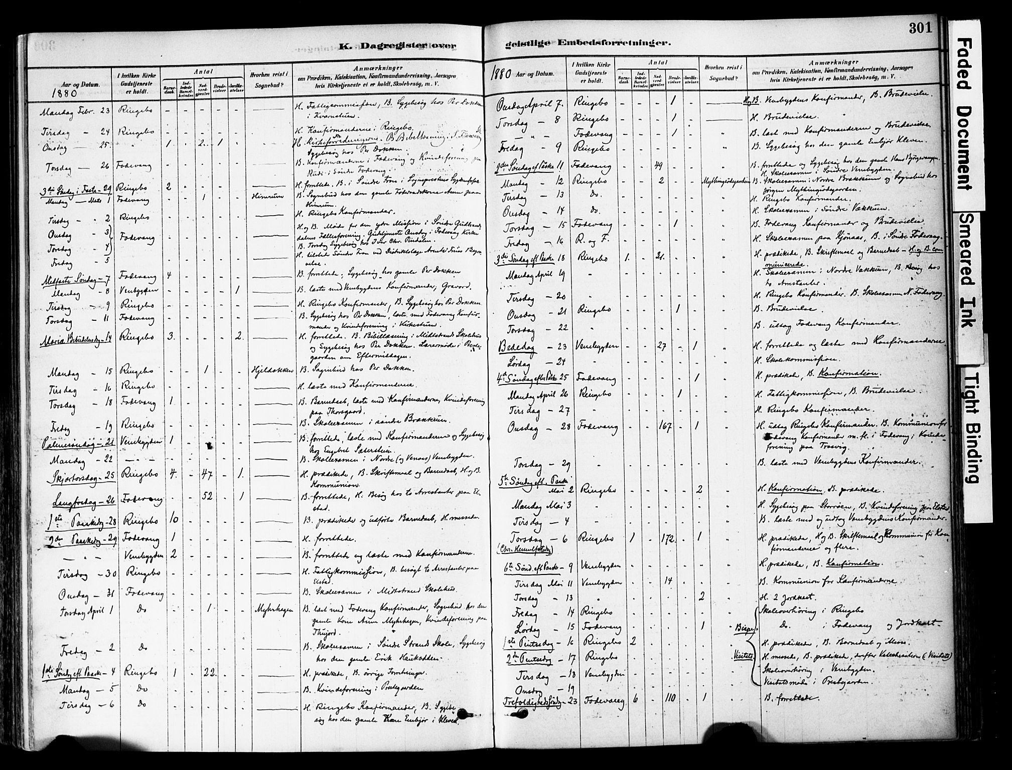Ringebu prestekontor, AV/SAH-PREST-082/H/Ha/Haa/L0008: Parish register (official) no. 8, 1878-1898, p. 301