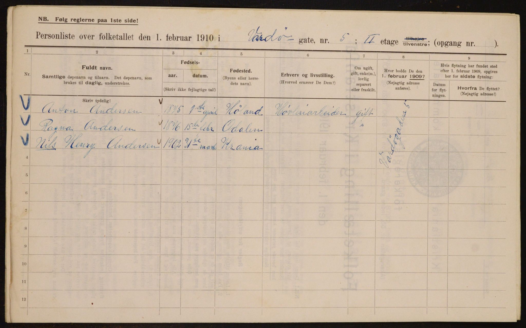 OBA, Municipal Census 1910 for Kristiania, 1910, p. 115544