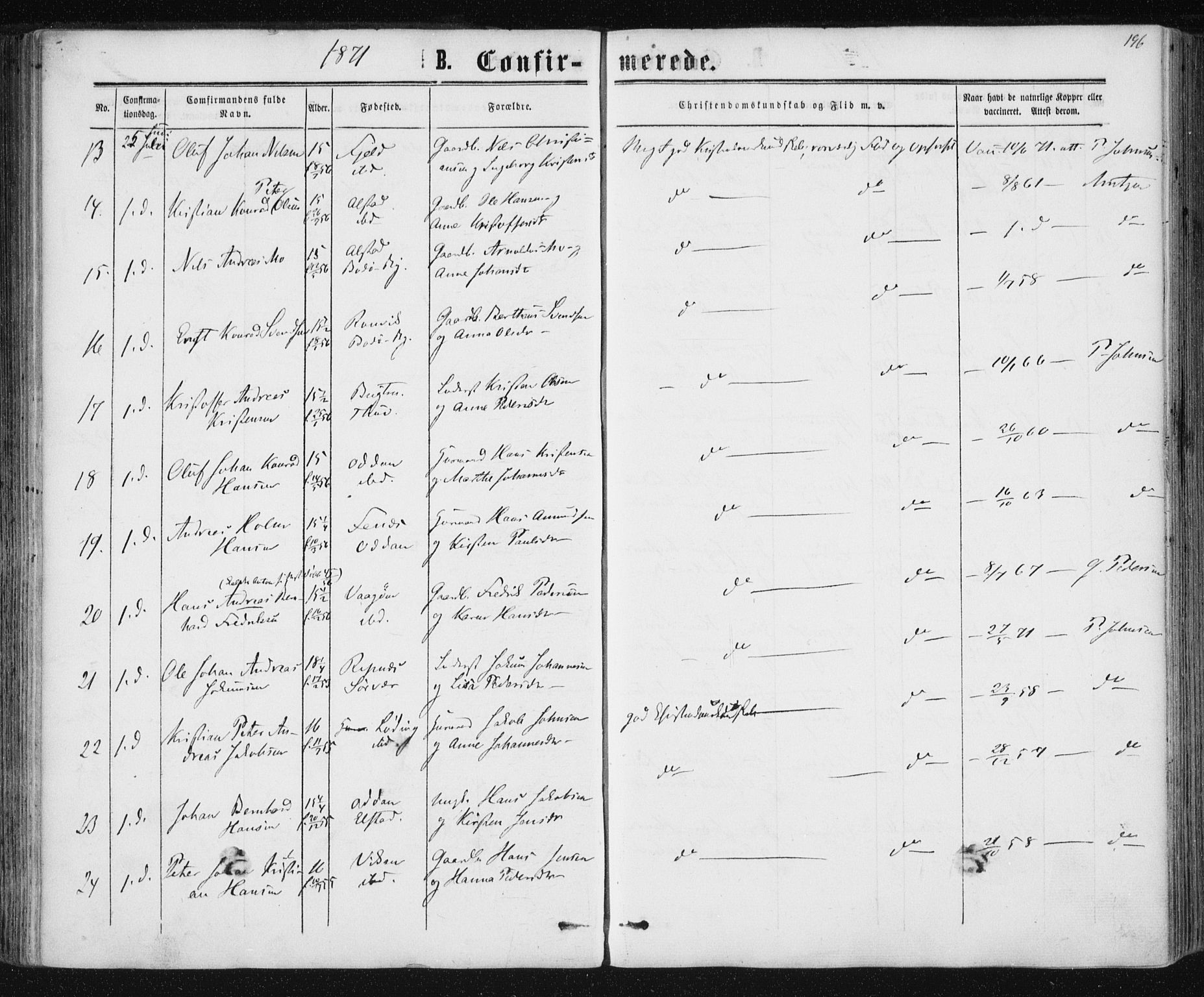 Ministerialprotokoller, klokkerbøker og fødselsregistre - Nordland, AV/SAT-A-1459/801/L0008: Parish register (official) no. 801A08, 1864-1875, p. 196