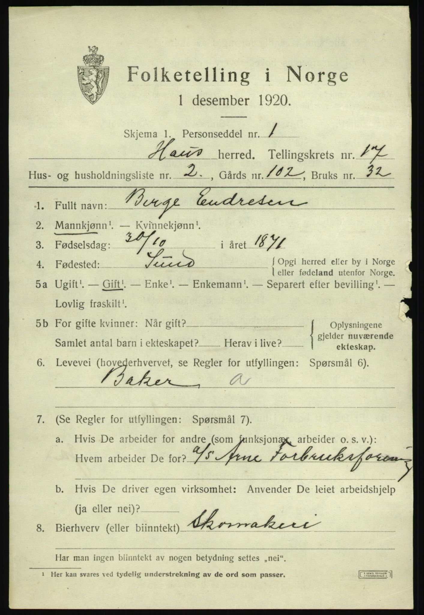 SAB, 1920 census for Haus, 1920, p. 10742