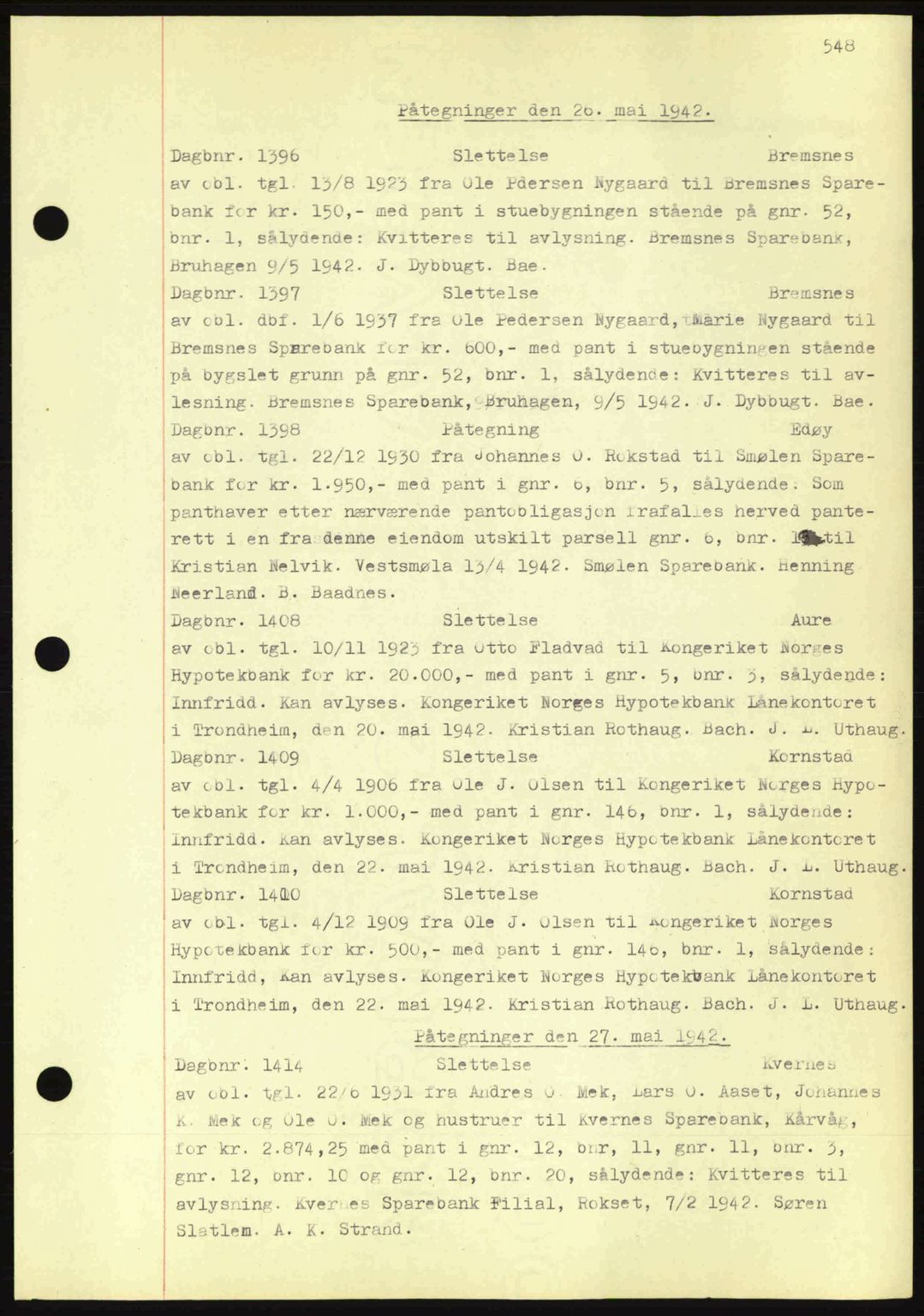 Nordmøre sorenskriveri, AV/SAT-A-4132/1/2/2Ca: Mortgage book no. C81, 1940-1945, Diary no: : 1396/1942