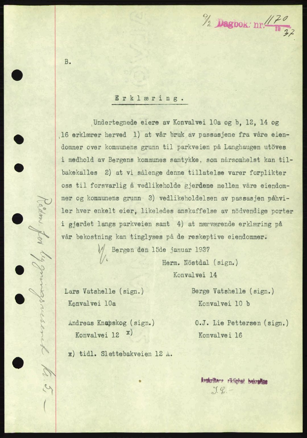 Byfogd og Byskriver i Bergen, SAB/A-3401/03/03Bc/L0004: Mortgage book no. A3-4, 1936-1937, Diary no: : 1170/1937