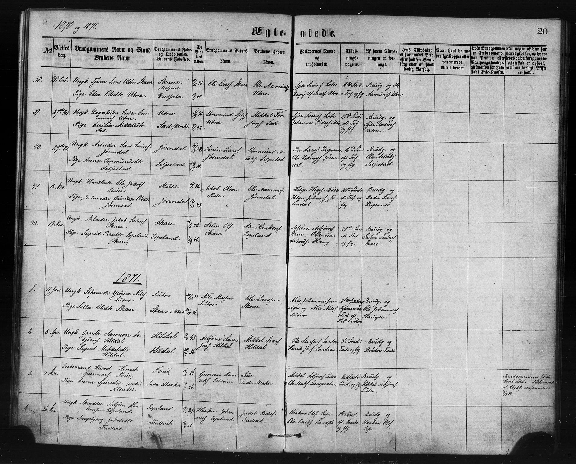 Ullensvang sokneprestembete, SAB/A-78701/H/Haa: Parish register (official) no. A 14, 1867-1882, p. 20