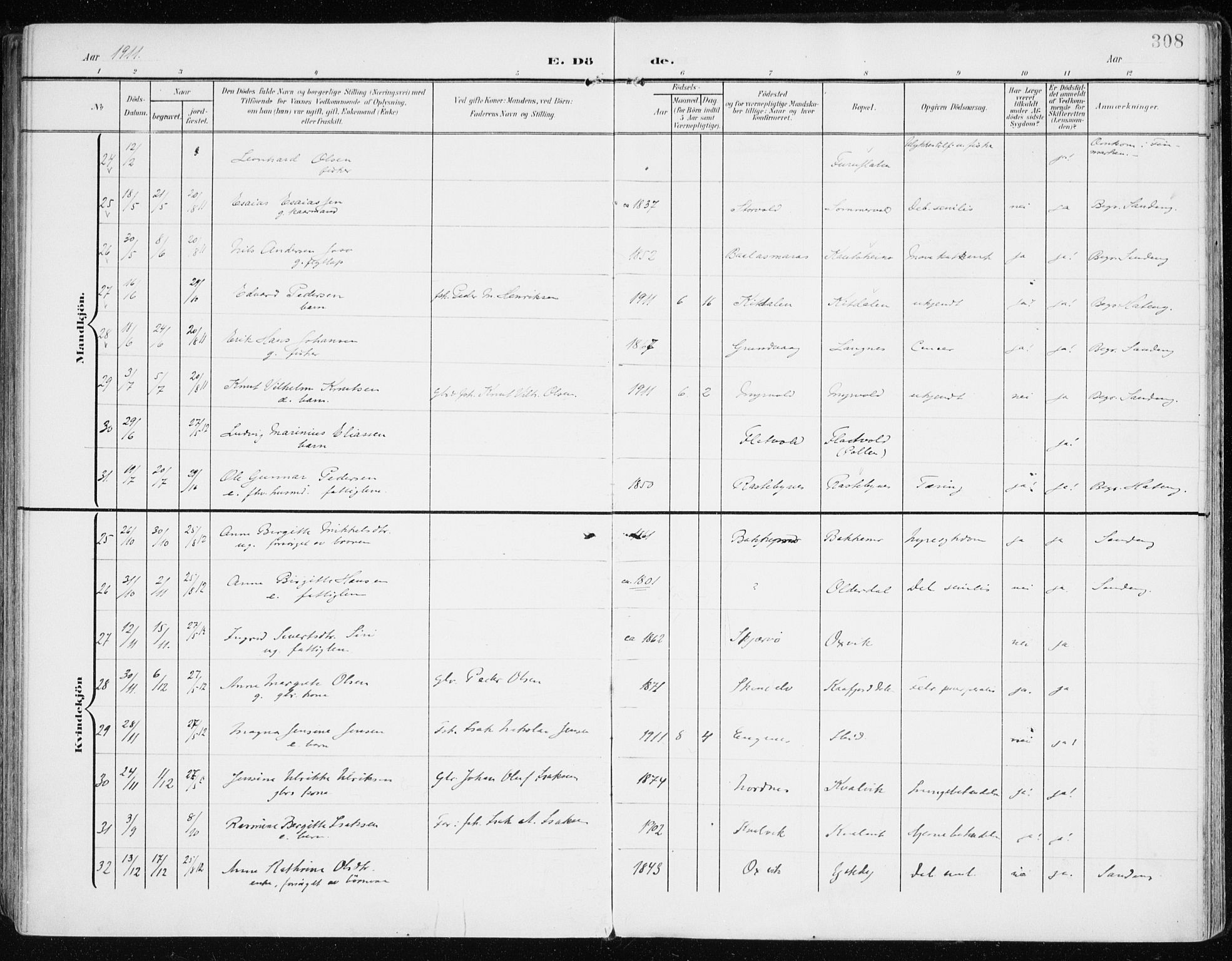 Lyngen sokneprestembete, AV/SATØ-S-1289/H/He/Hea/L0011kirke: Parish register (official) no. 11, 1903-1913, p. 308