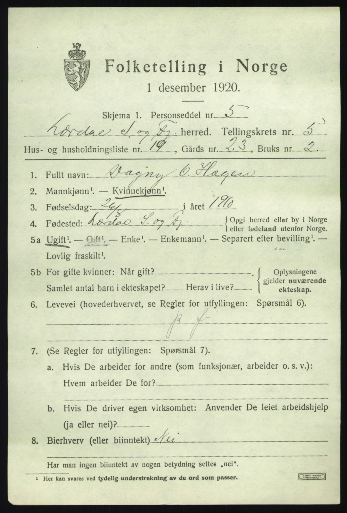 SAB, 1920 census for Lærdal, 1920, p. 2676