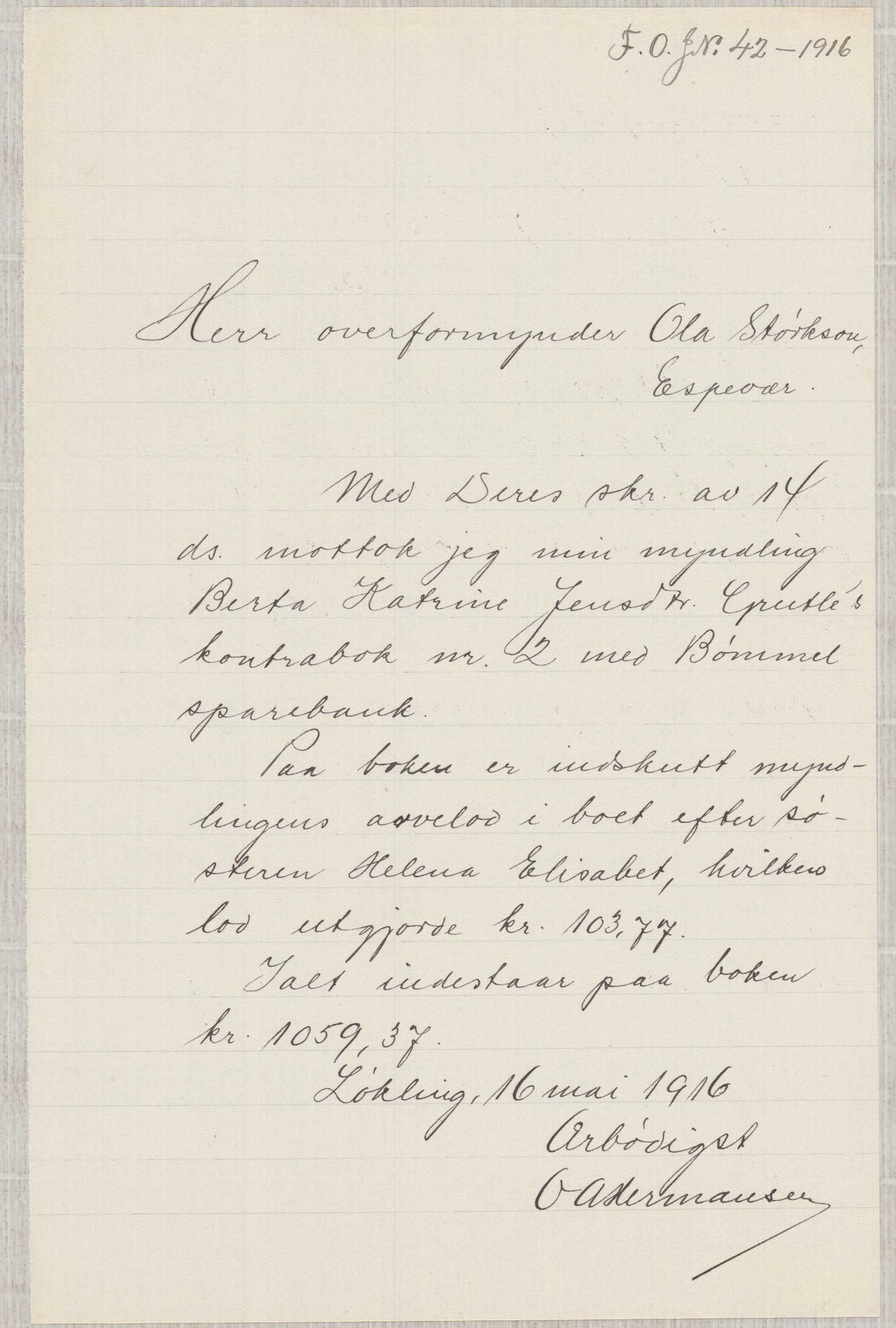 Finnaas kommune. Overformynderiet, IKAH/1218a-812/D/Da/Daa/L0003/0001: Kronologisk ordna korrespondanse / Kronologisk ordna korrespondanse, 1914-1916, p. 104