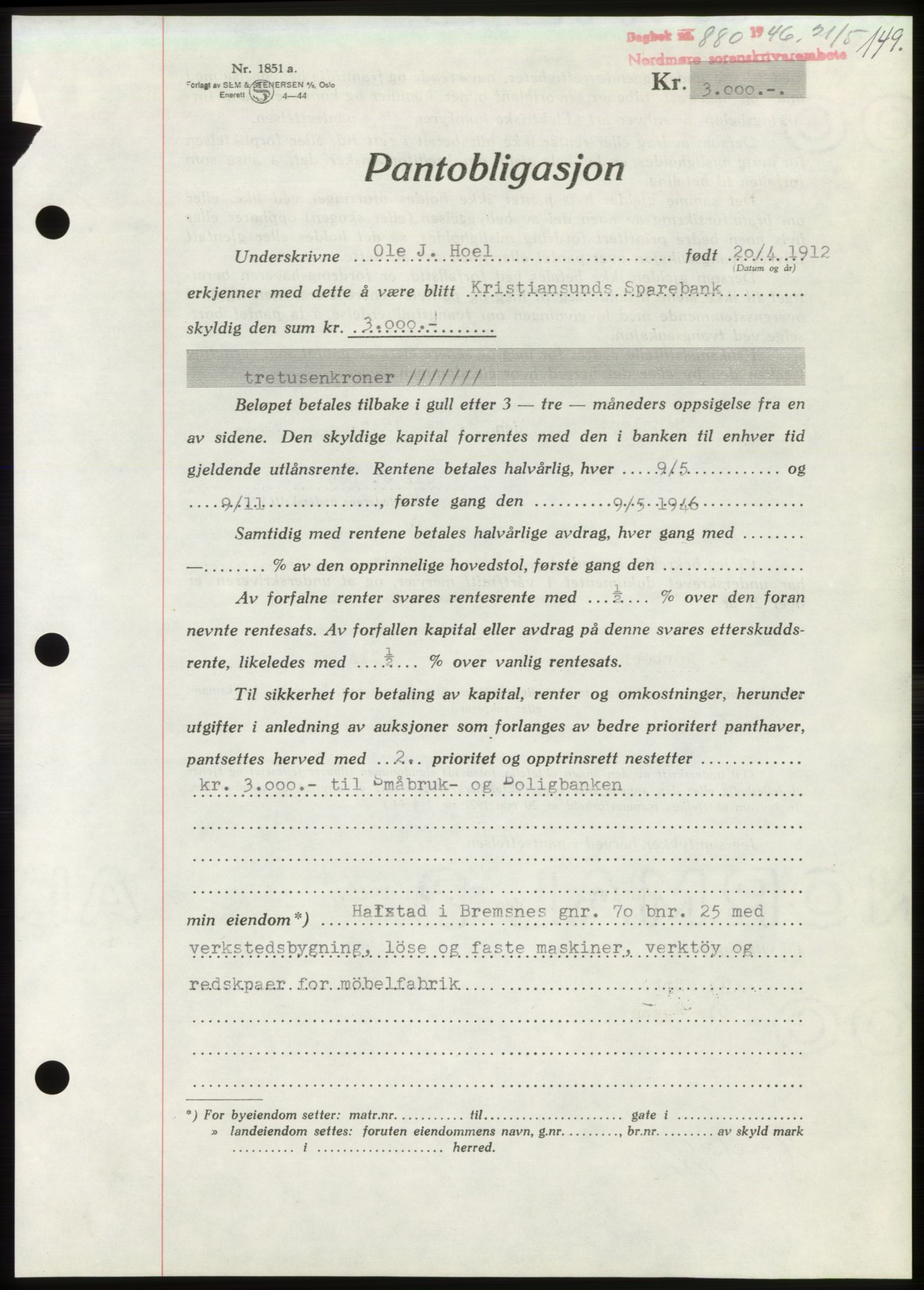 Nordmøre sorenskriveri, AV/SAT-A-4132/1/2/2Ca: Mortgage book no. B94, 1946-1946, Diary no: : 880/1946