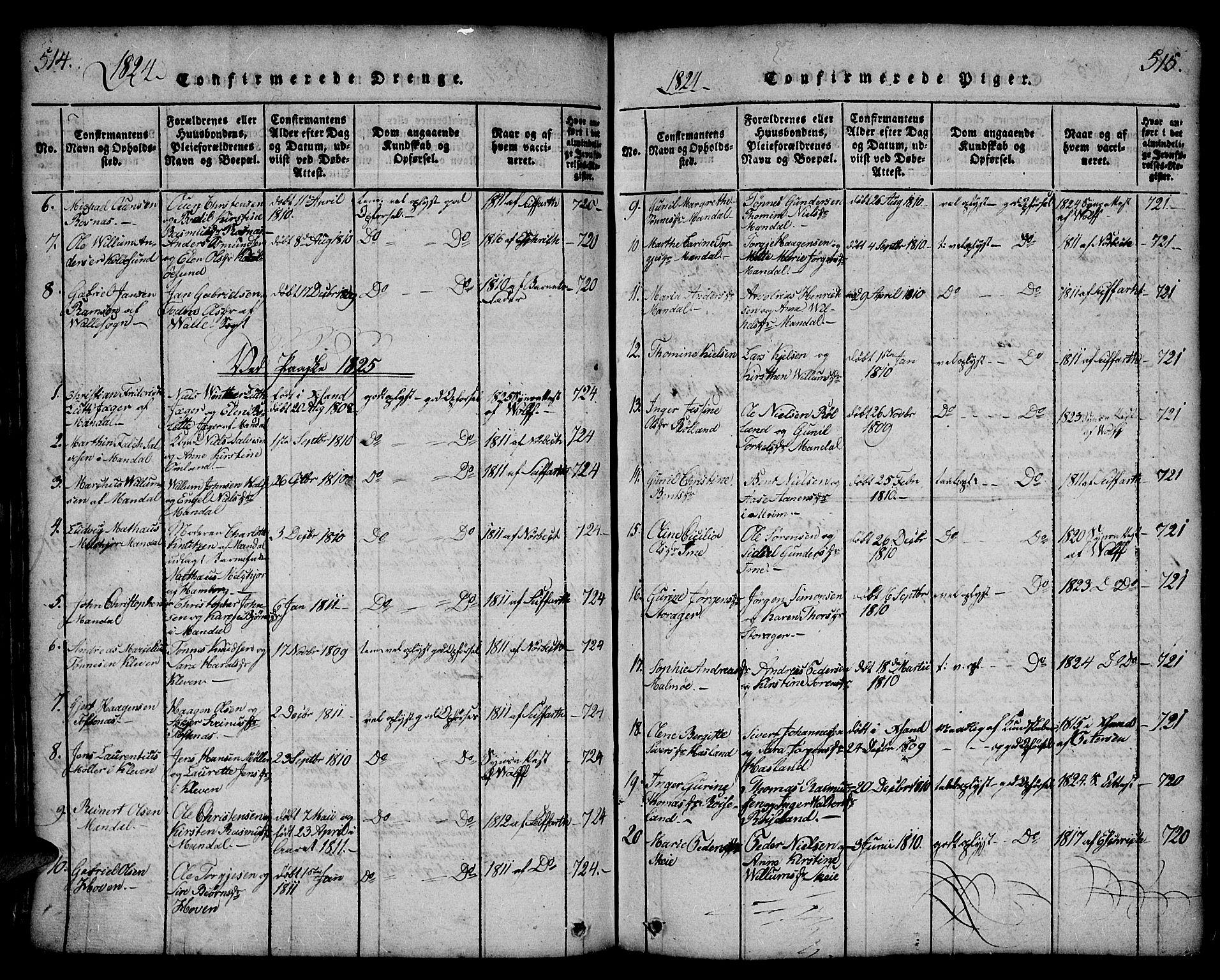 Mandal sokneprestkontor, SAK/1111-0030/F/Fa/Faa/L0010: Parish register (official) no. A 10, 1817-1830, p. 514-515