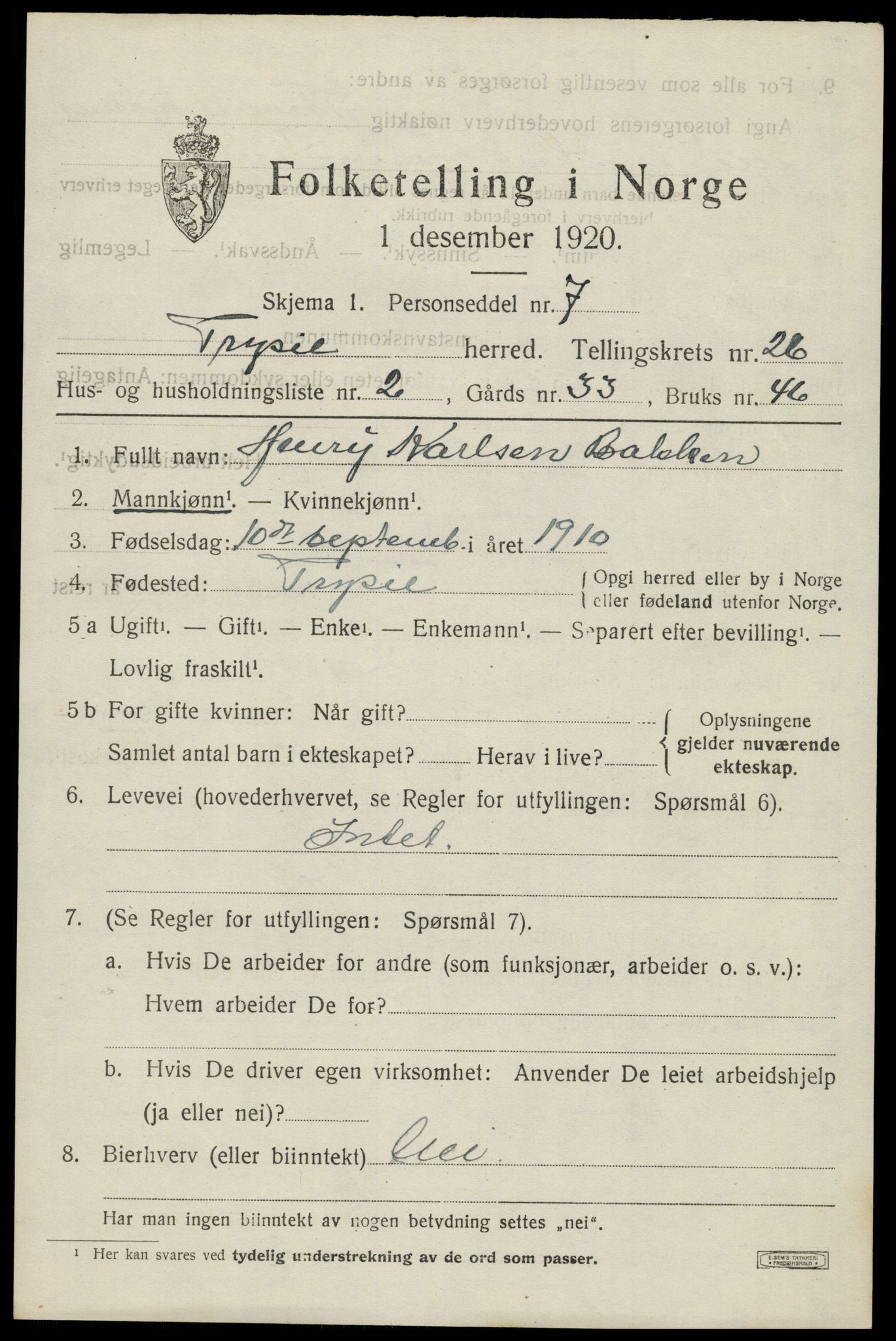 SAH, 1920 census for Trysil, 1920, p. 16129