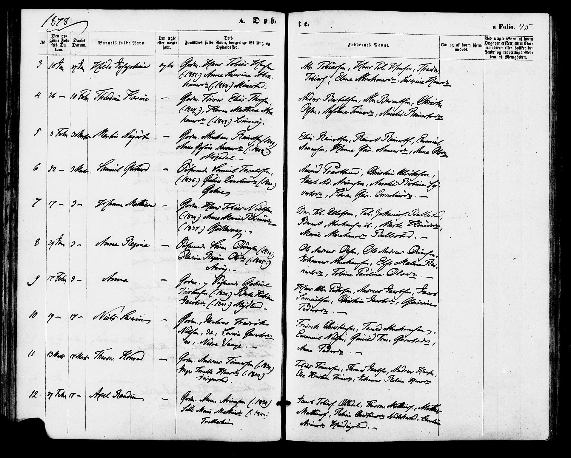 Sør-Audnedal sokneprestkontor, SAK/1111-0039/F/Fa/Faa/L0003: Parish register (official) no. A 3, 1868-1883, p. 45