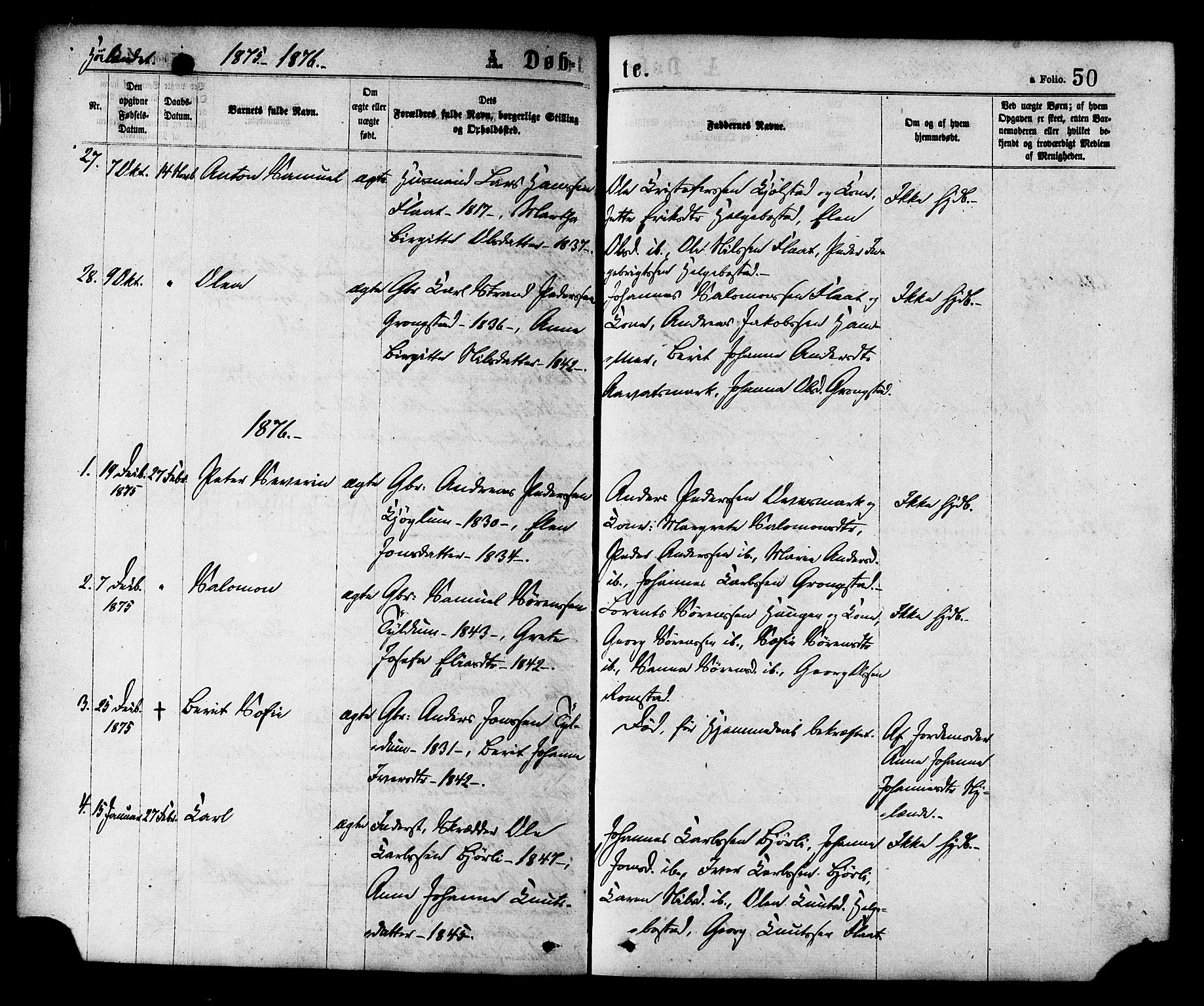 Ministerialprotokoller, klokkerbøker og fødselsregistre - Nord-Trøndelag, SAT/A-1458/758/L0516: Parish register (official) no. 758A03 /2, 1869-1879, p. 50
