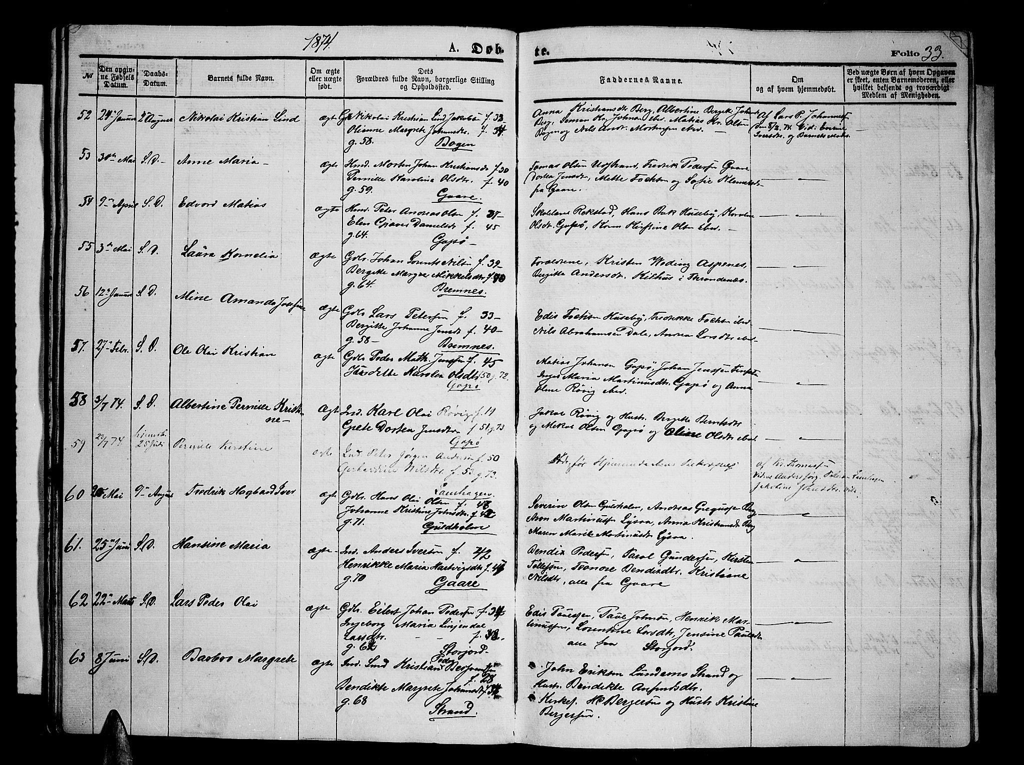 Kvæfjord sokneprestkontor, SATØ/S-1323/G/Ga/Gab/L0004klokker: Parish register (copy) no. 4, 1870-1886, p. 33