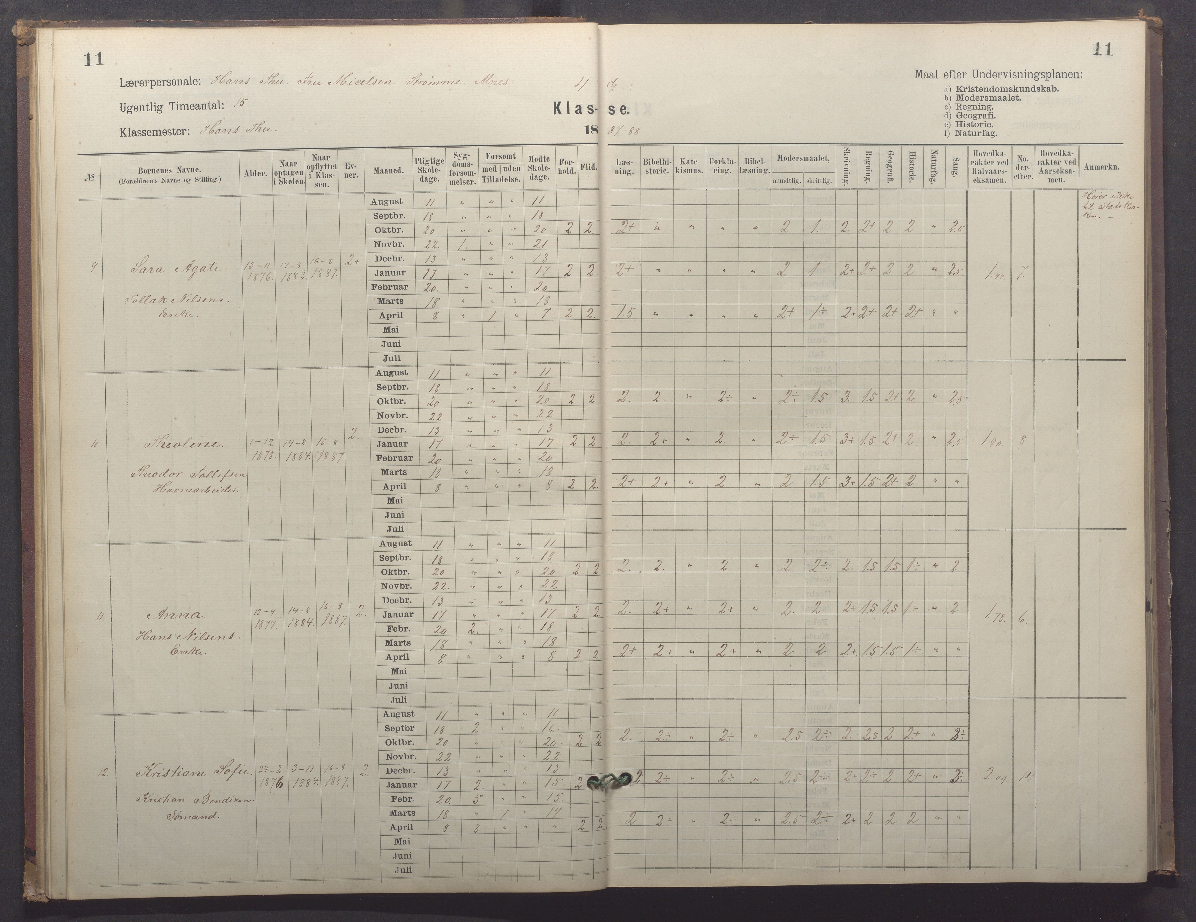 Egersund kommune (Ladested) - Egersund almueskole/folkeskole, IKAR/K-100521/H/L0025: Skoleprotokoll - Almueskolen, 4. klasse, 1887-1892, p. 11