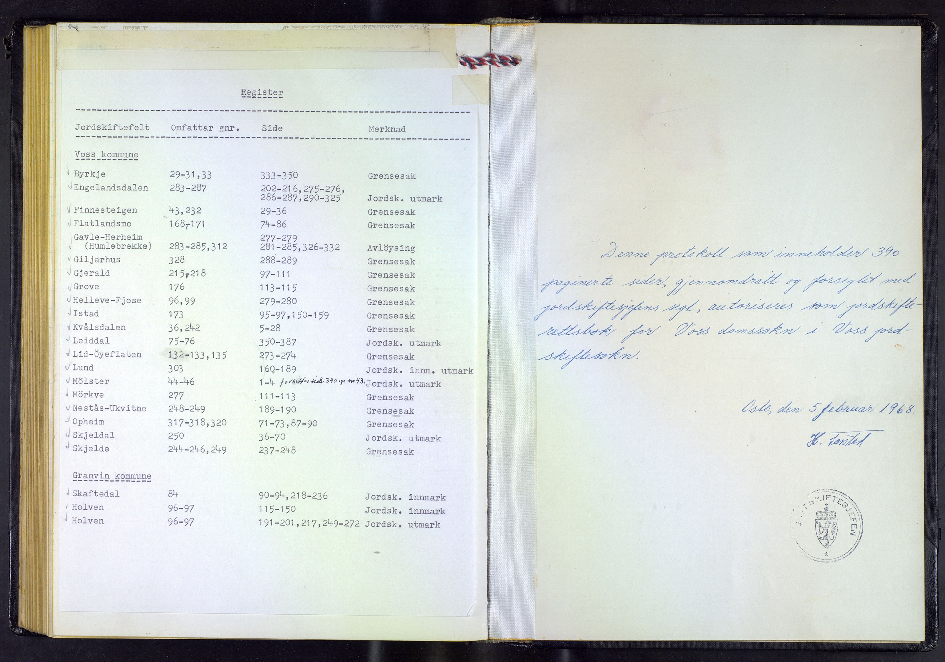 Hordaland jordskiftedøme - V Voss jordskiftedistrikt, AV/SAB-A-7201/A/Aa/L0044: Forhandlingsprotokoll, 1968-1971