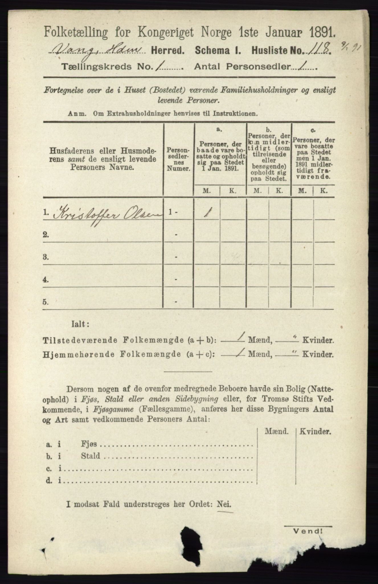 RA, 1891 census for 0414 Vang, 1891, p. 169