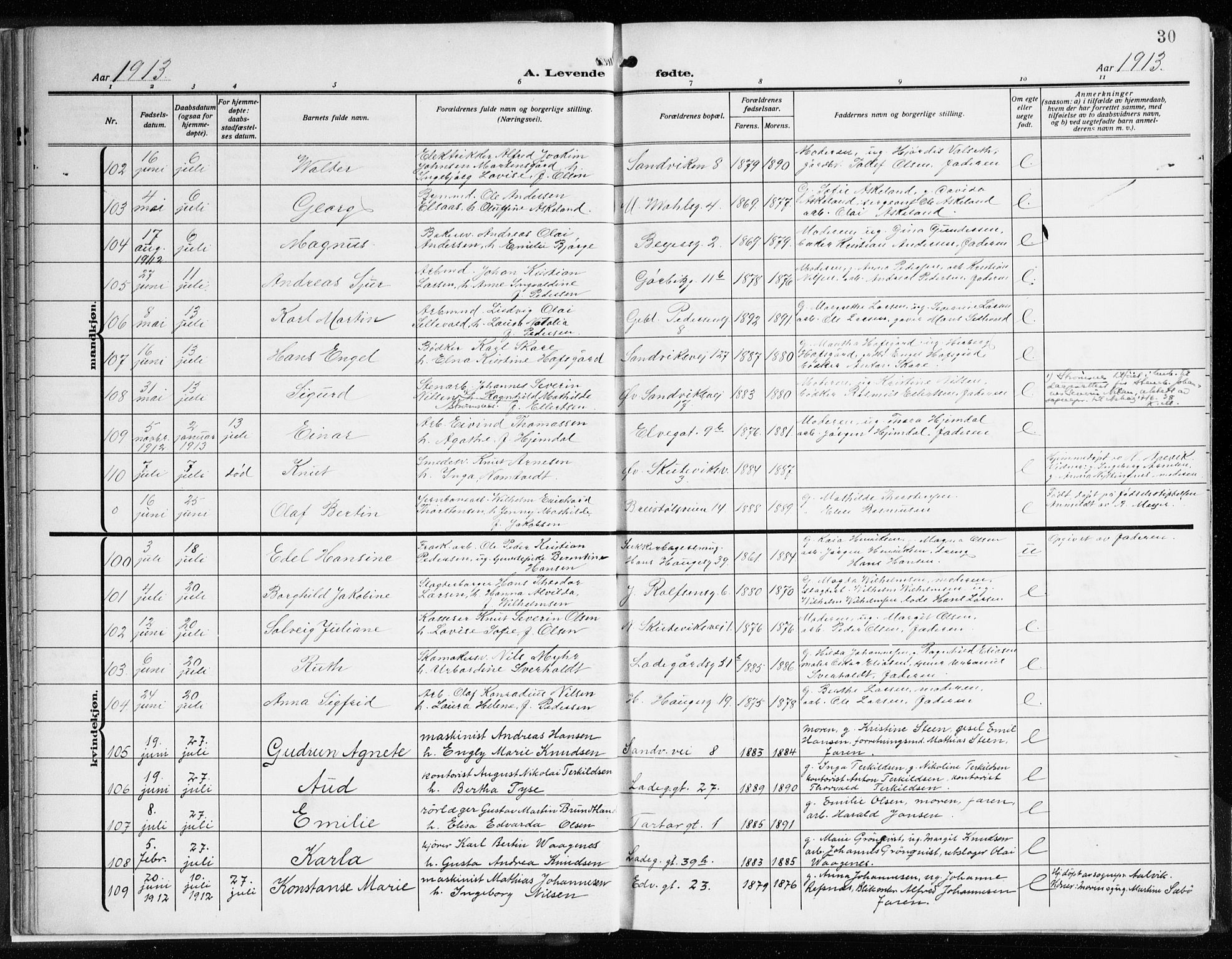 Sandviken Sokneprestembete, SAB/A-77601/H/Ha/L0007: Parish register (official) no. B 4, 1912-1924, p. 30