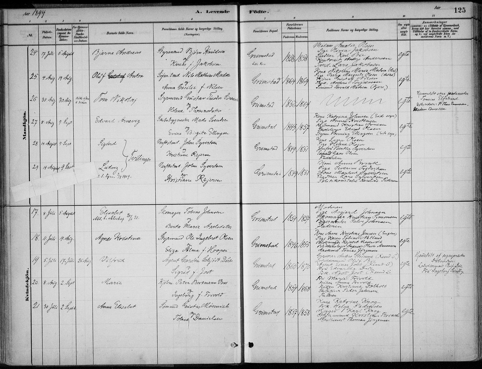 Grimstad sokneprestkontor, AV/SAK-1111-0017/F/Fa/L0003: Parish register (official) no. A 2, 1882-1912, p. 125