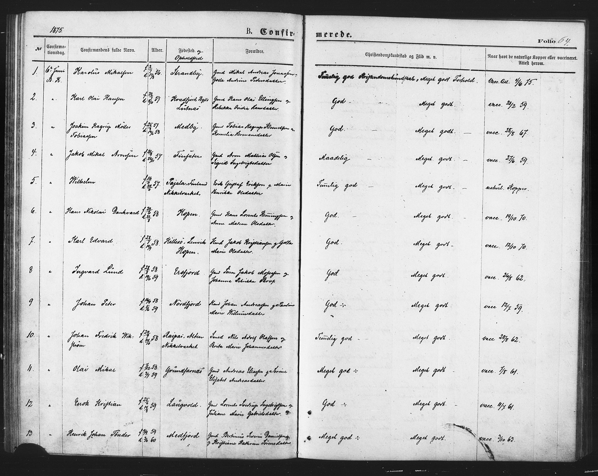 Berg sokneprestkontor, AV/SATØ-S-1318/G/Ga/Gaa/L0003kirke: Parish register (official) no. 3, 1872-1879, p. 64