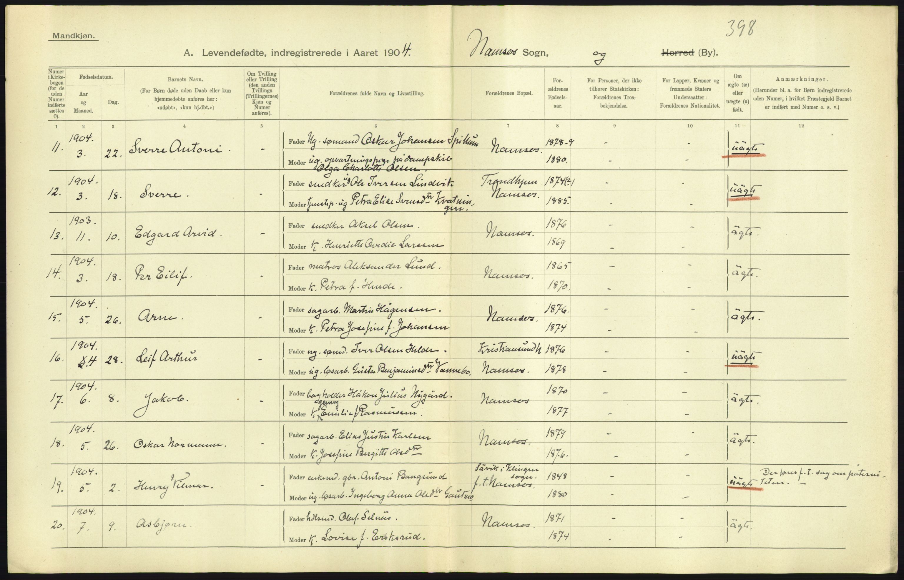 Statistisk sentralbyrå, Sosiodemografiske emner, Befolkning, RA/S-2228/D/Df/Dfa/Dfab/L0019: Nordre Trondhjems amt: Fødte, gifte, døde, 1904, p. 5