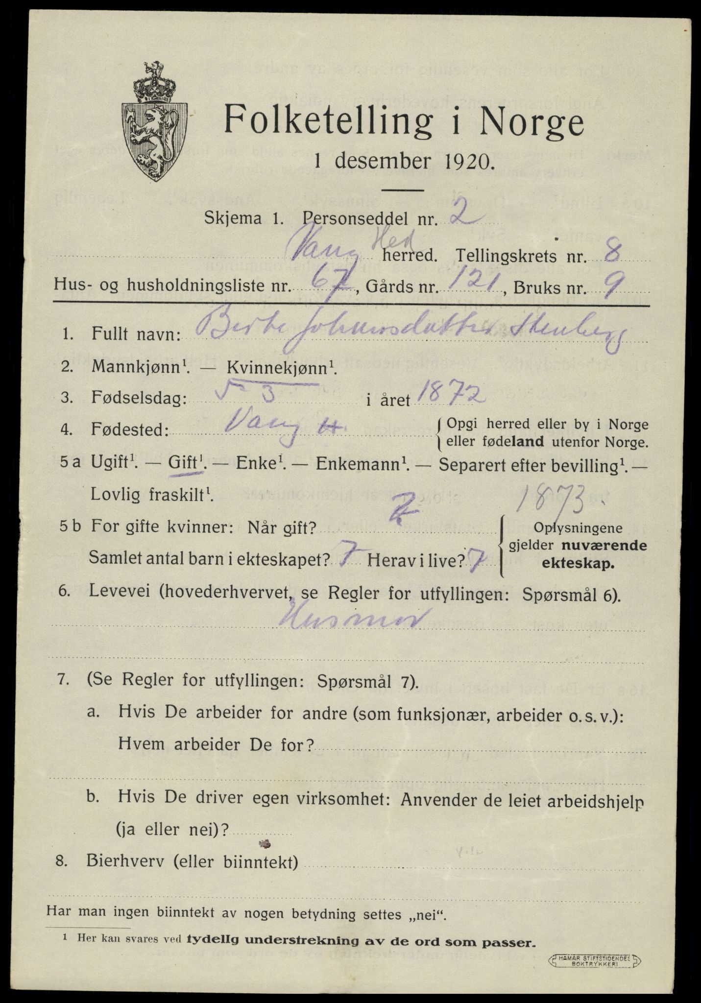 SAH, 1920 census for Vang (Hedmark), 1920, p. 18081